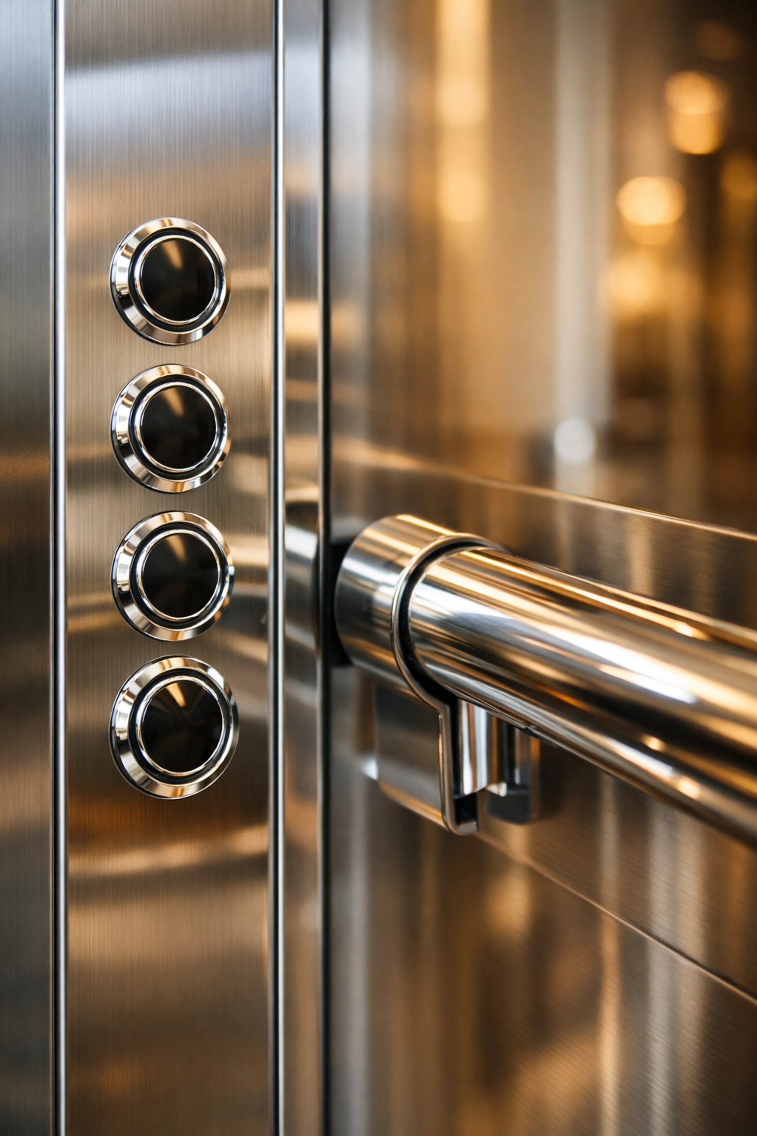 Detailed view of a polished elevator panel in a Detroit office building after a deep cleaning service.