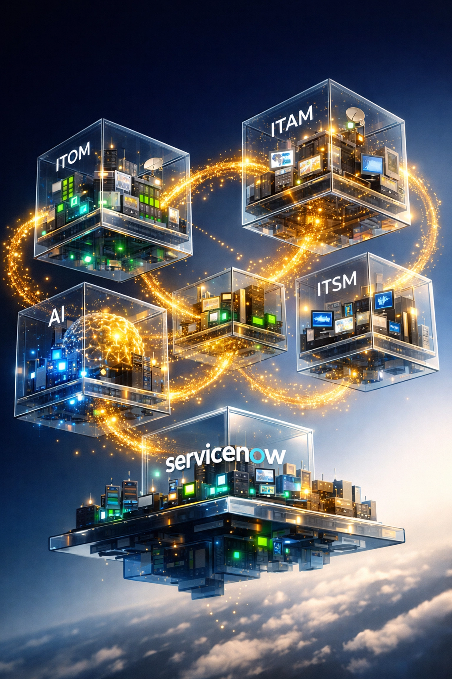 Integrated ServiceNow ITOM and ITAM platform architecture with connected data workflows