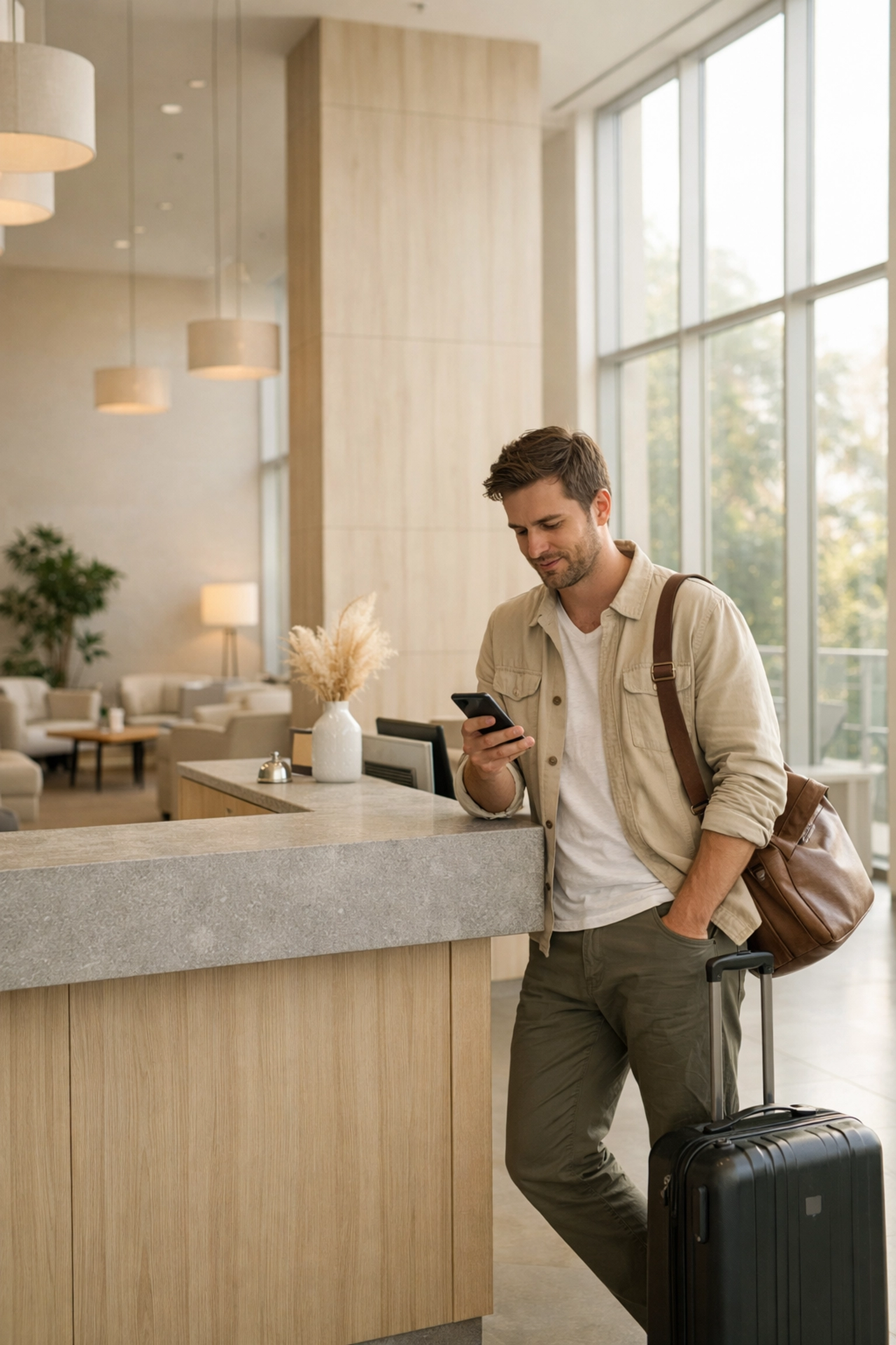 A guest uses a smartphone for digital check-in at a modern, minimalist hotel lobby reception desk.
