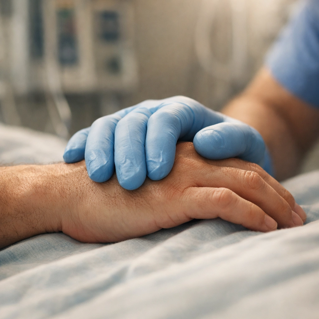 Nurse's gloved hand providing compassionate care and comfort to patient