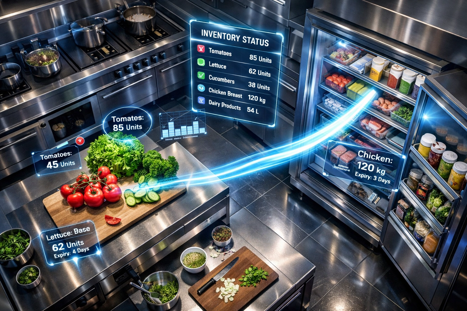 KI-gesteuerte Warenverwaltung in einer modernen Gastro-Küche zur Effizienzsteigerung.