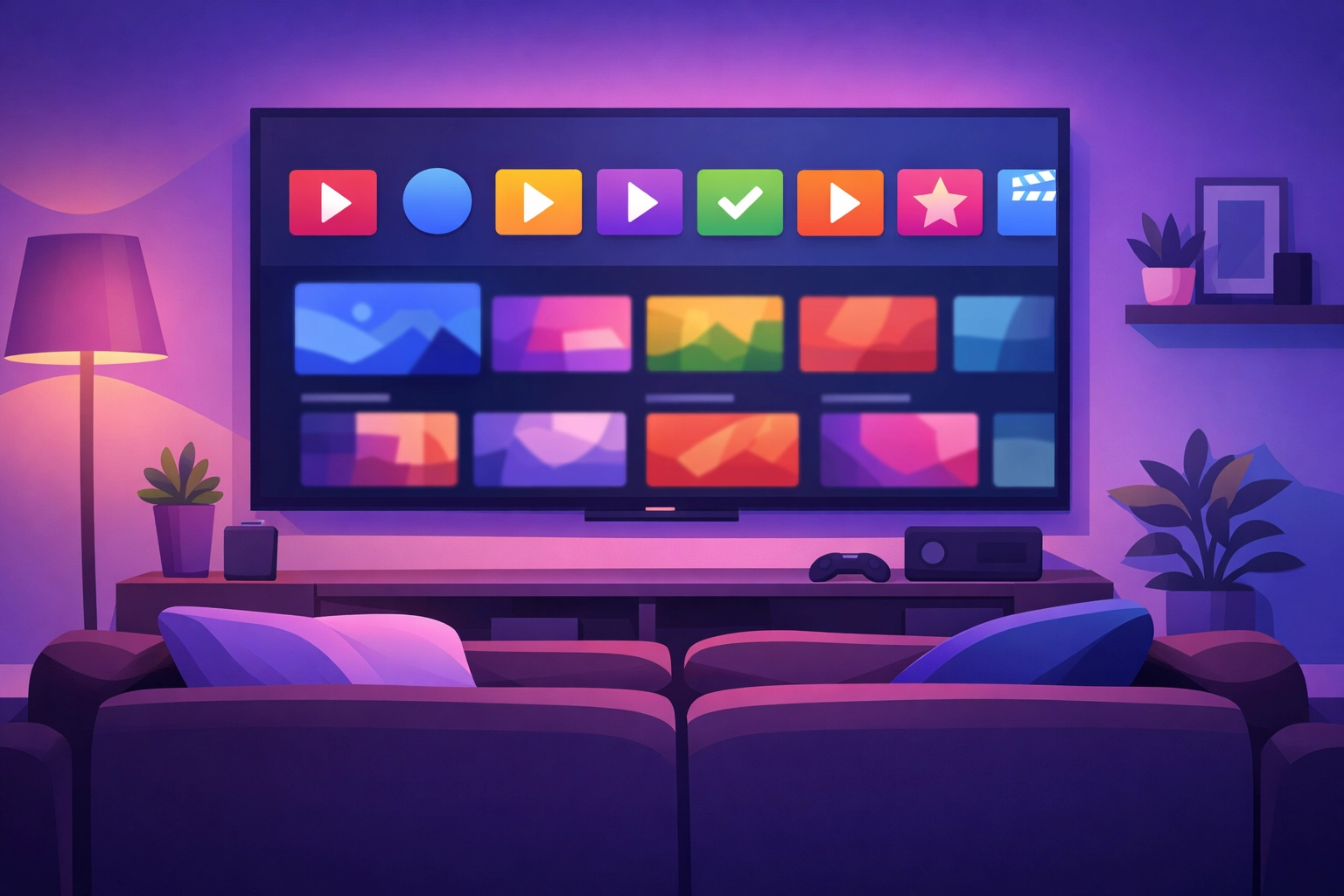 Living room with smart TV streaming apps showcasing connected TV advertising environment