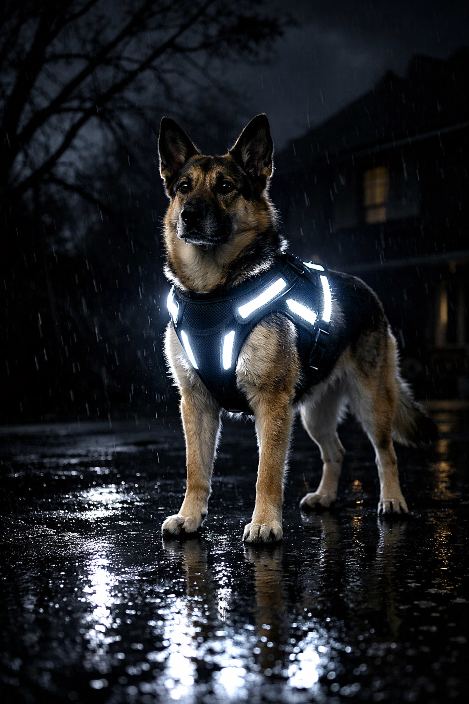 Dog wearing a black mesh LED harness with high-intensity white lights for visibility in a dark storm aftermath.