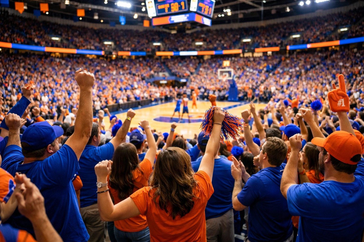 Excited fans cheering at a Boise State game inside ExtraMile Arena Excited fans cheering at a Boise State game inside ExtraMile Arena
