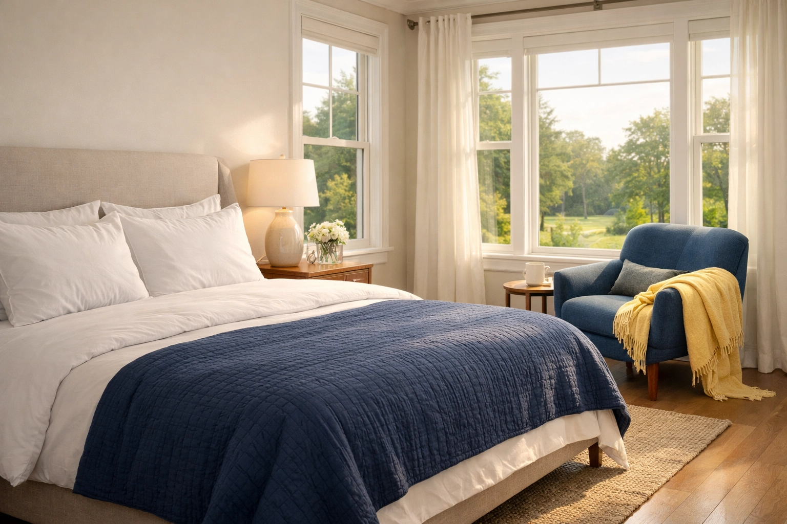 Peaceful master bedroom reflecting the high standards of eco-friendly house cleaning Natick MA.