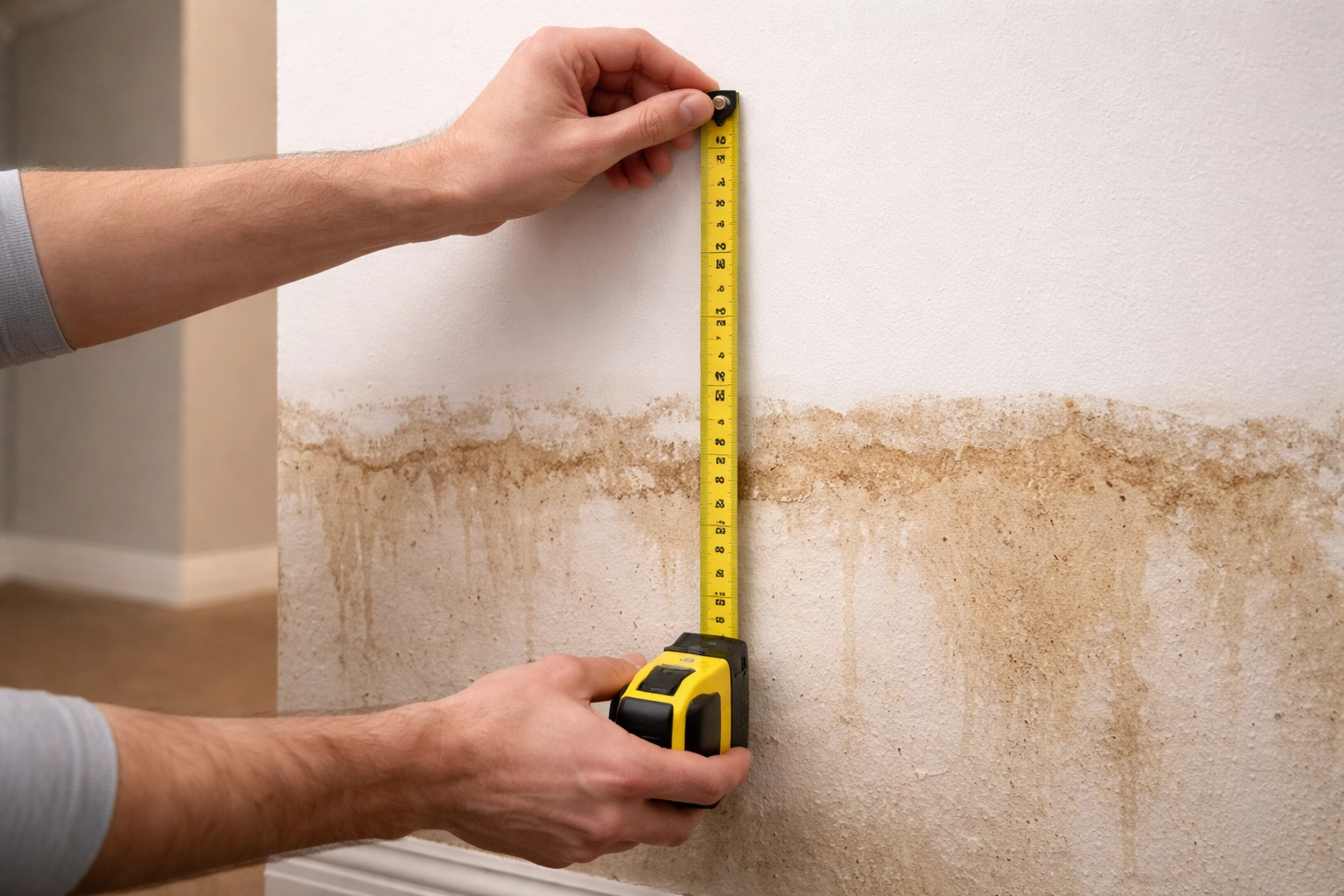 Hands measuring water stain height on drywall using a tape measure, documenting damage for an insurance claim