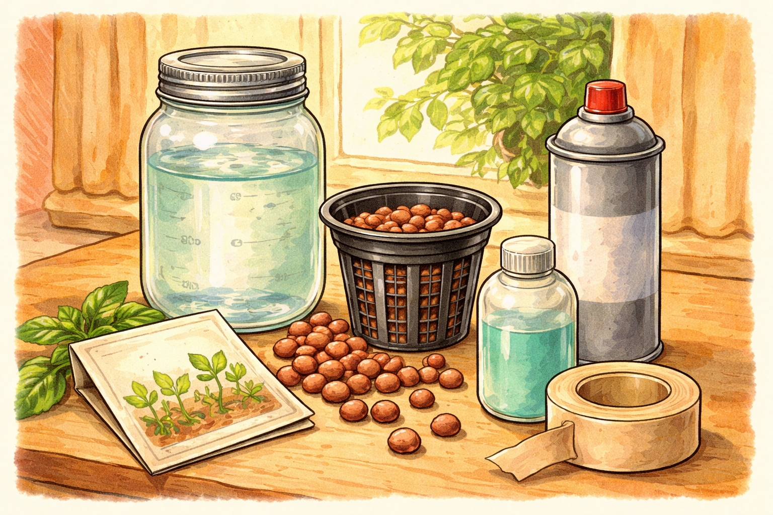 Hydroponic supplies for kids arranged on a table: mason jar, net pot, clay pebbles, seeds, and nutrients