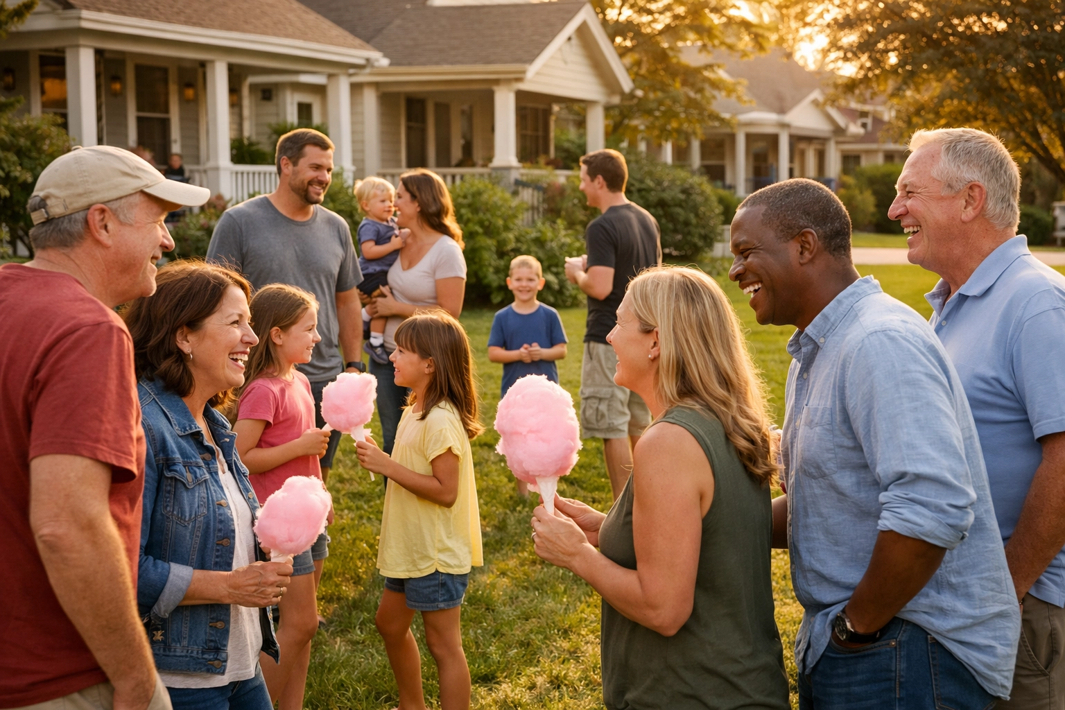 Neighbors gathering on front lawn sharing cotton candy and building community connections