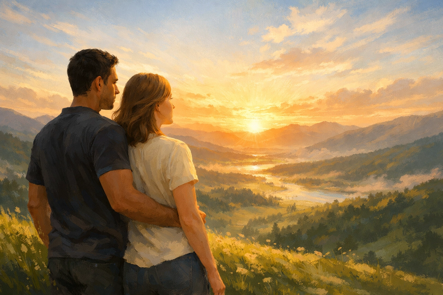 Diverse couple looking at a bright sunrise, symbolizing hope and a fearless future with Boundless Online Church.