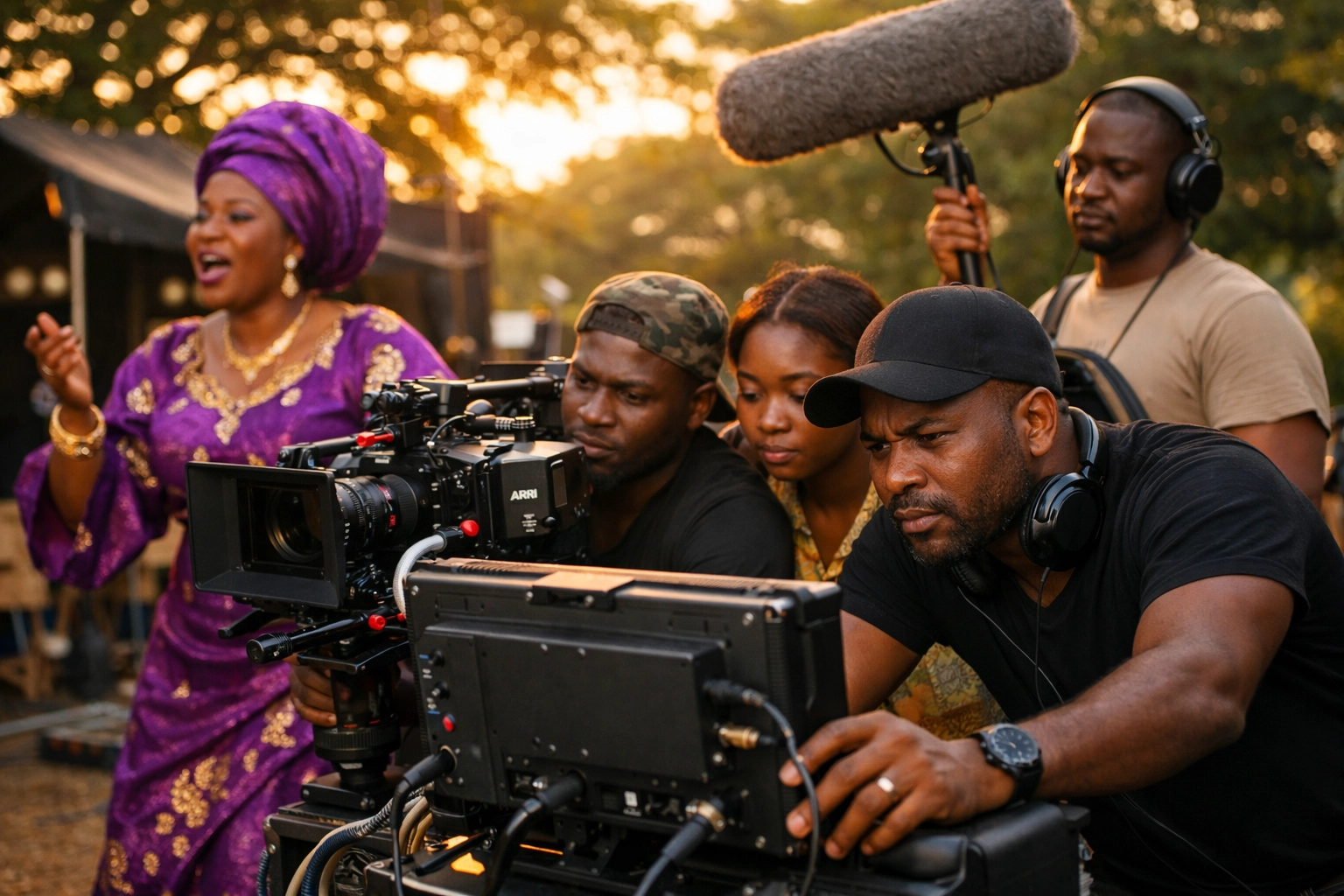 Ghanaian production team collaborating on film set merging theater and cinema talent