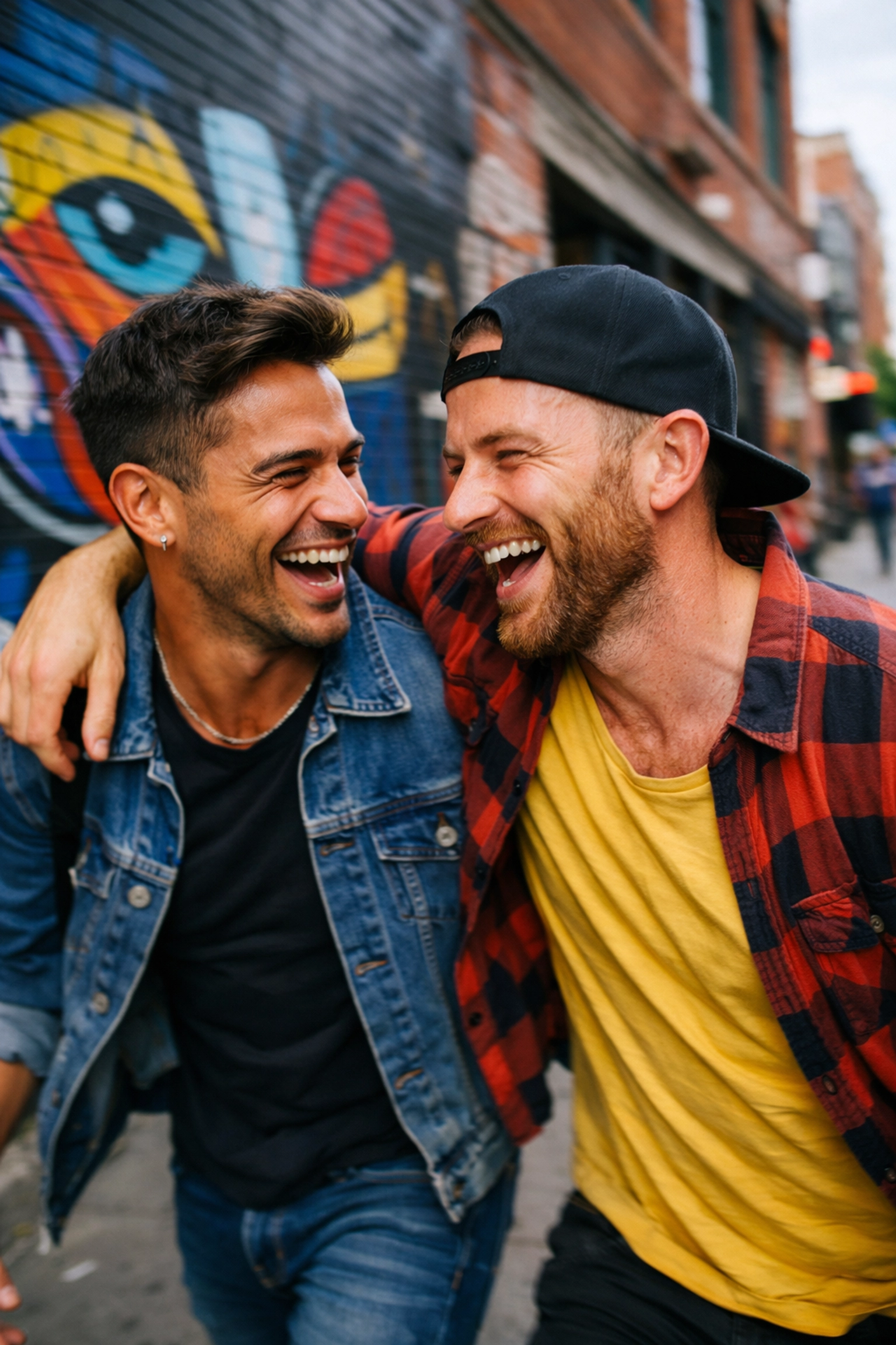 Two gay men sharing a laugh while walking down a city street, showing authentic queer joy.
