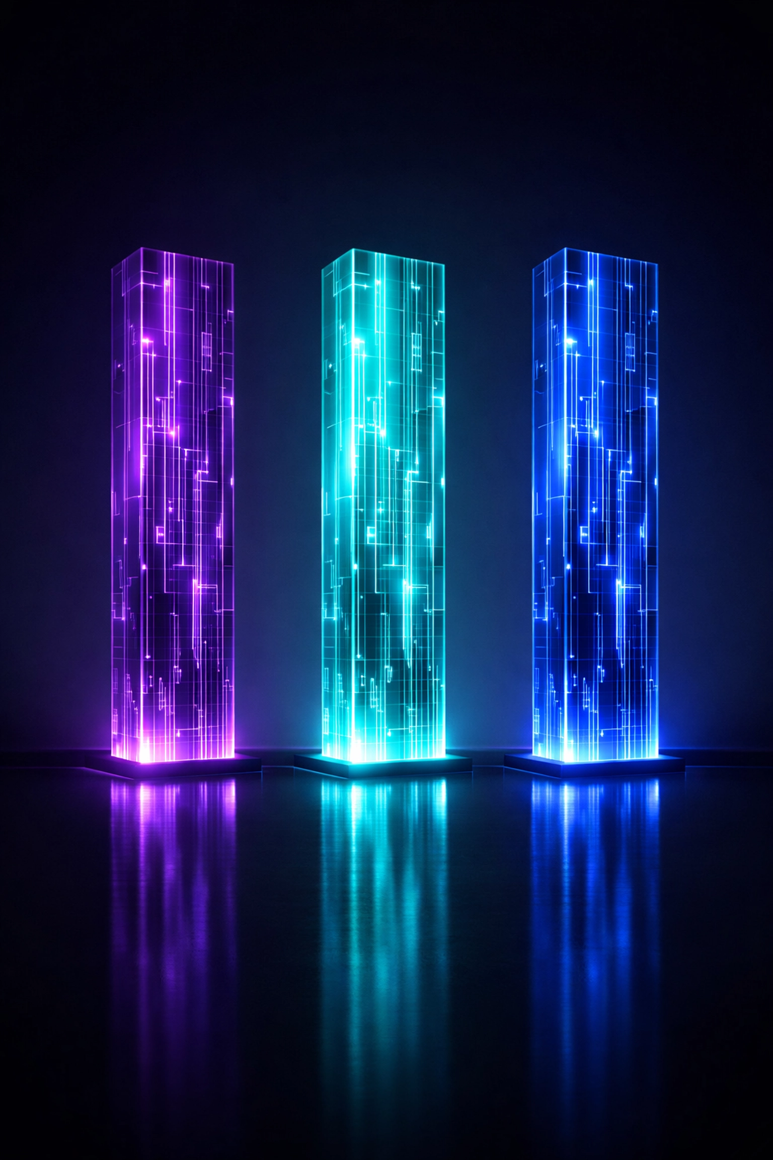 Three glowing neon pillars representing the stable foundations of an automated AI business structure.