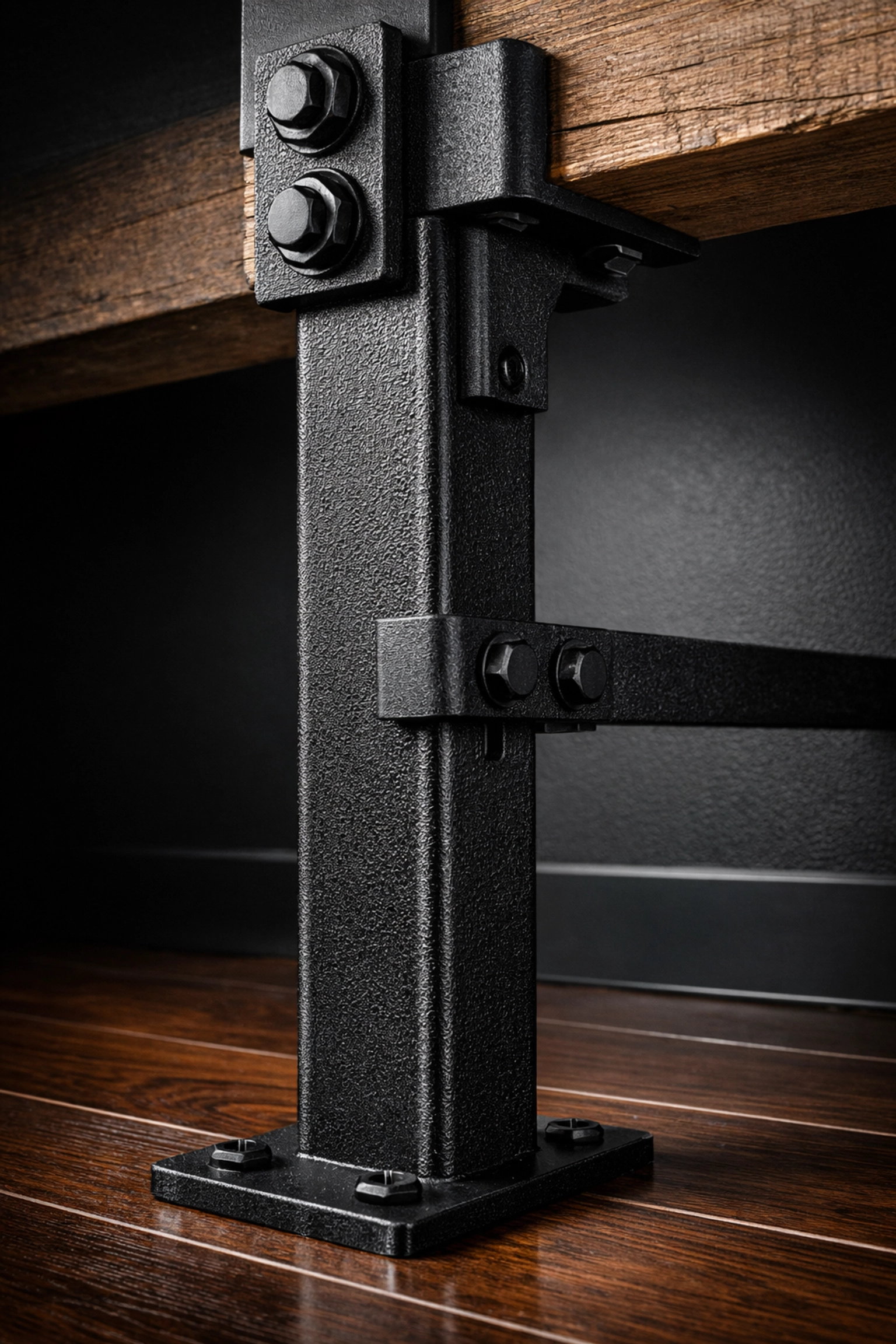 Sturdy floor to ceiling gym rail system for versatile home gym and calisthenics training.