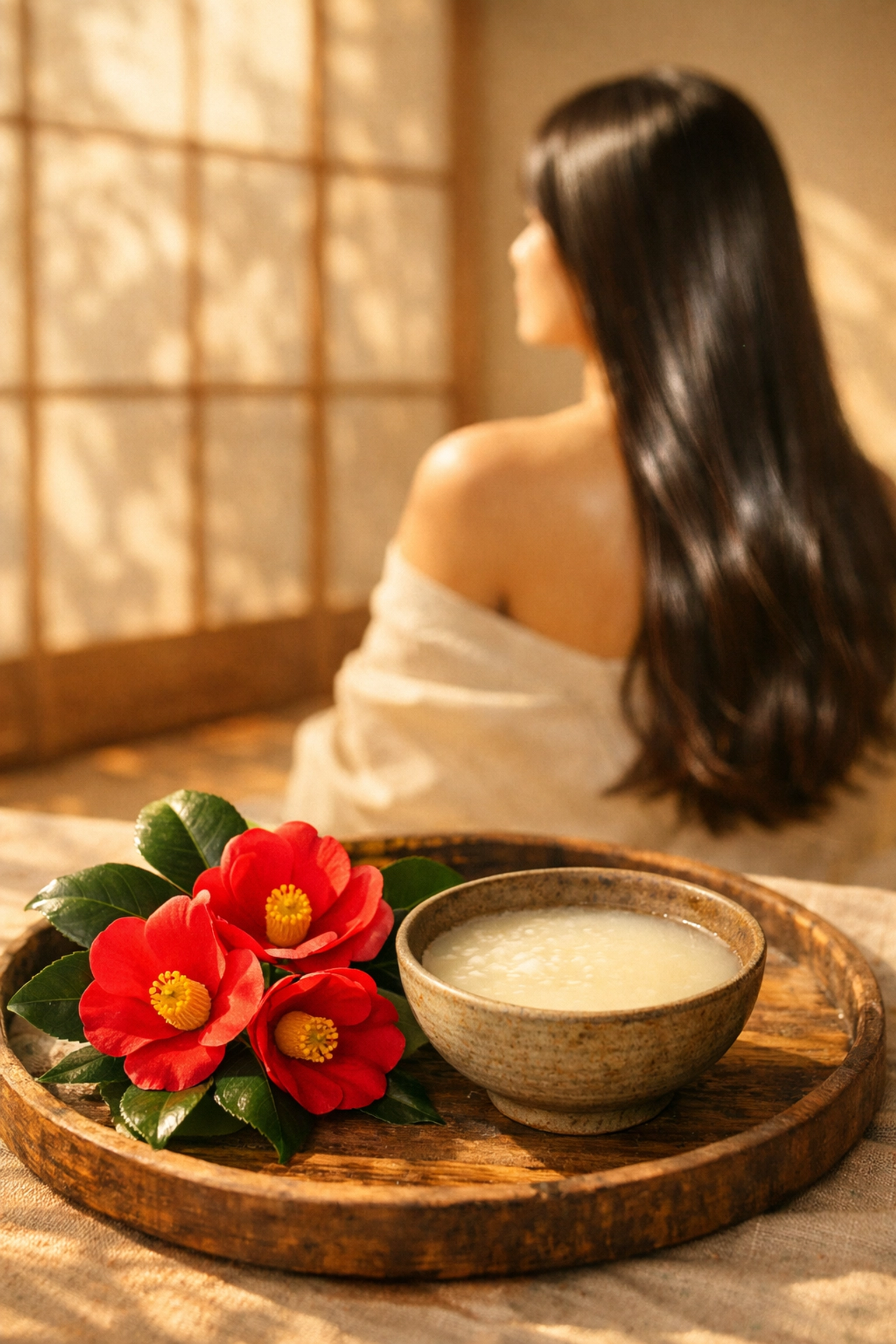 Japanese botanical hair treatment with rice water and Tsubaki flowers for healthy, shiny hair.