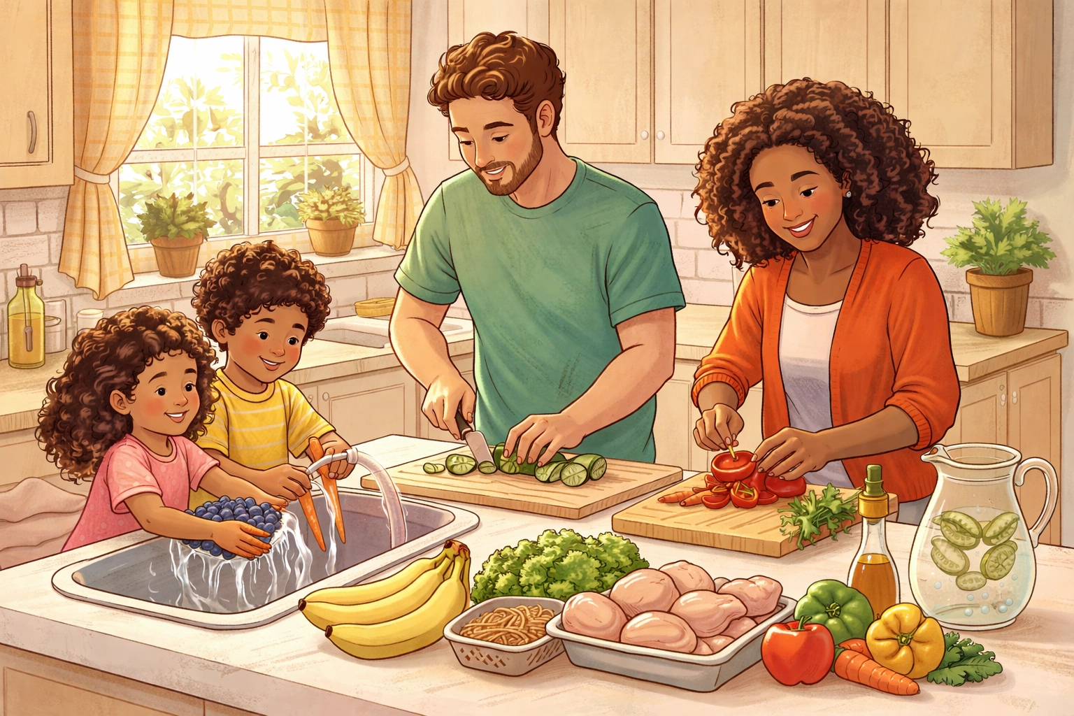 Racially diverse family joyfully prepares a healthy, bladder-smart meal together in a bright, inviting kitchen.