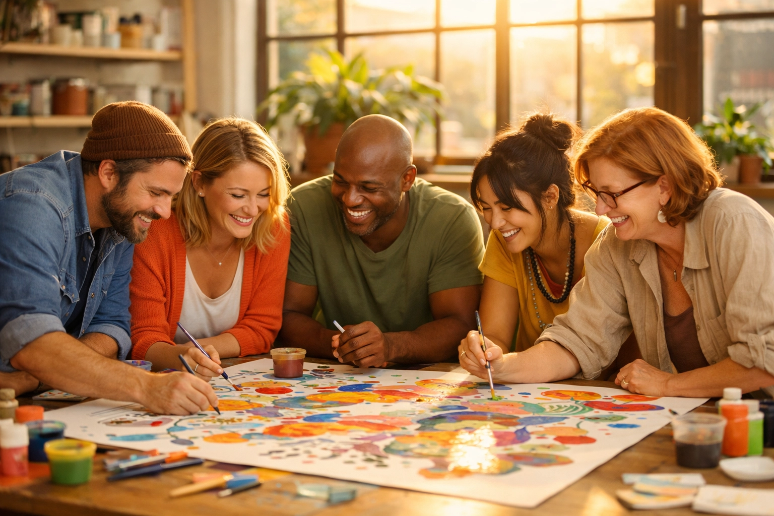 Leadership team collaborating on creative project for physiological reset and co-regulation