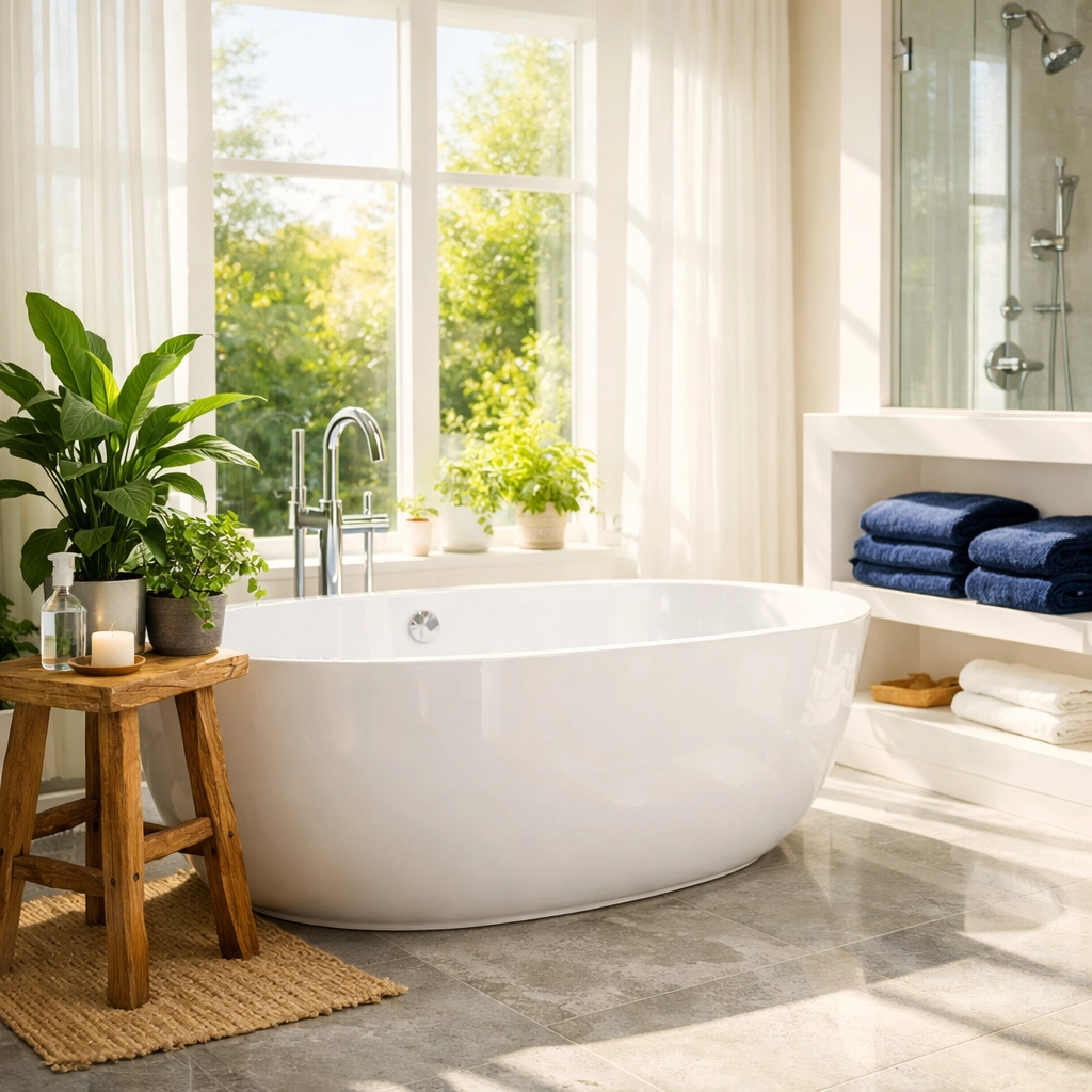 Sanitized white soaking tub in a bright, eco-friendly residential bathroom using non-toxic products.