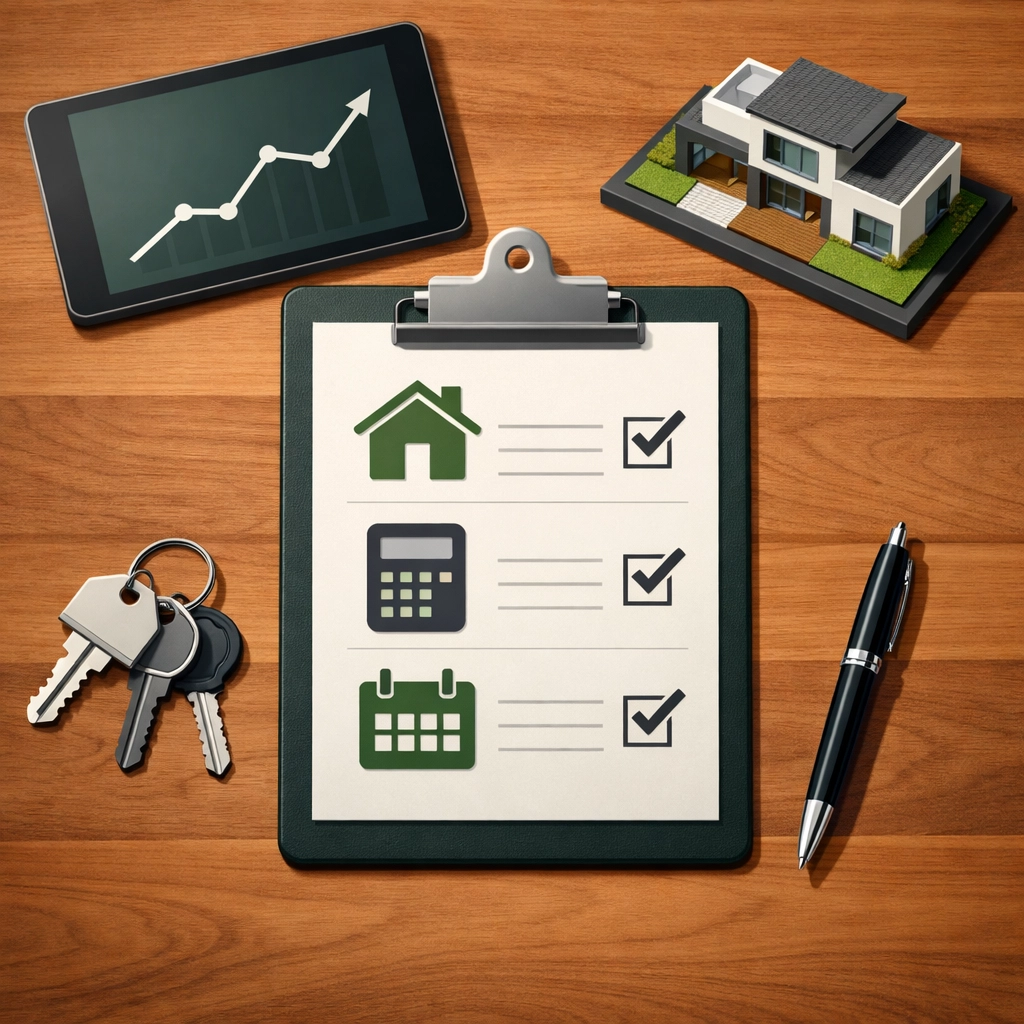 Professional real estate investor workspace featuring a property rehab checklist and investment planning tools.