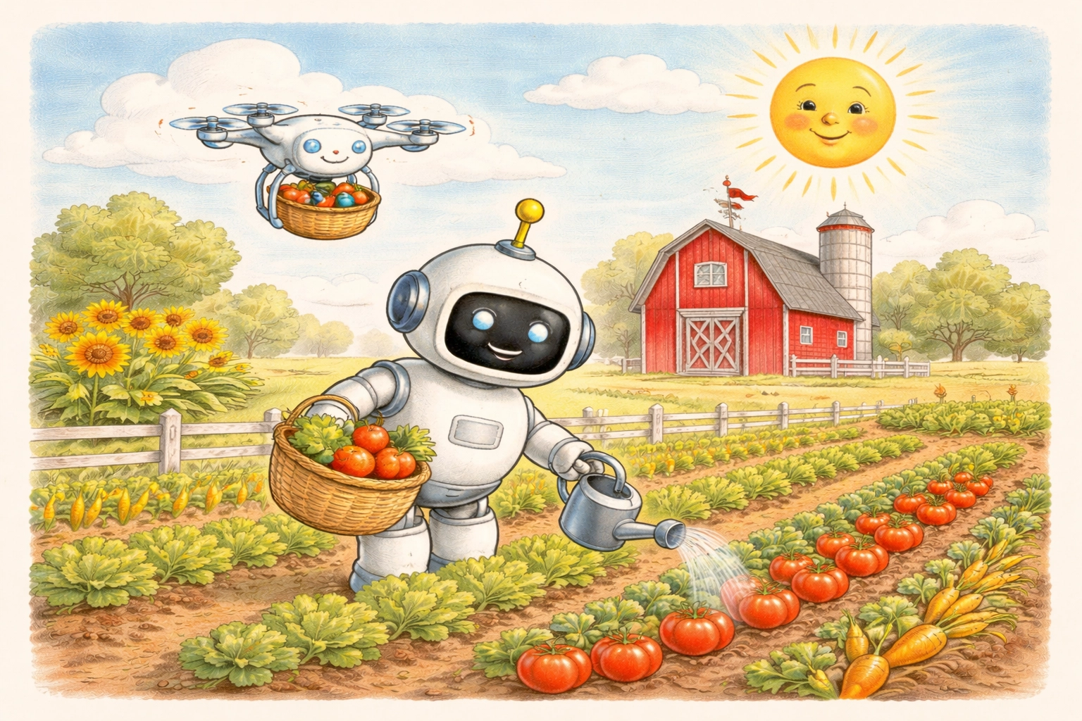 Storybook farm scene with a friendly robot and drone helping grow vegetables, symbolizing AI in modern agriculture.