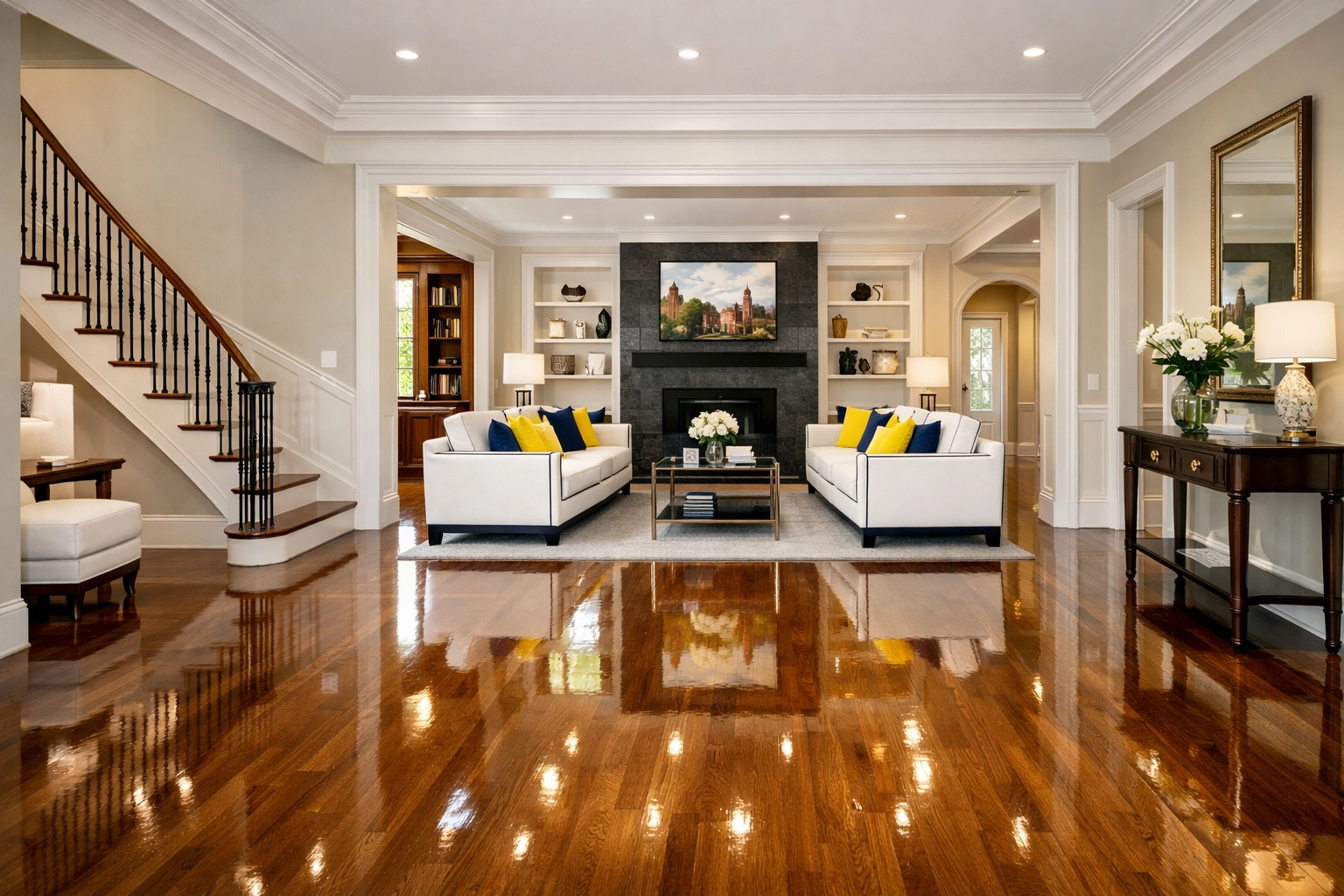 Polished hardwood floors and a tidy living area in a professionally cleaned modern Harvard home.