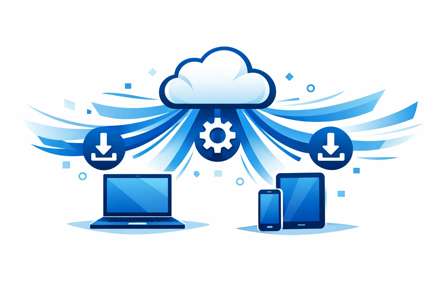 Cloud icon sending automated security updates to remote devices illustrating managed IT support.