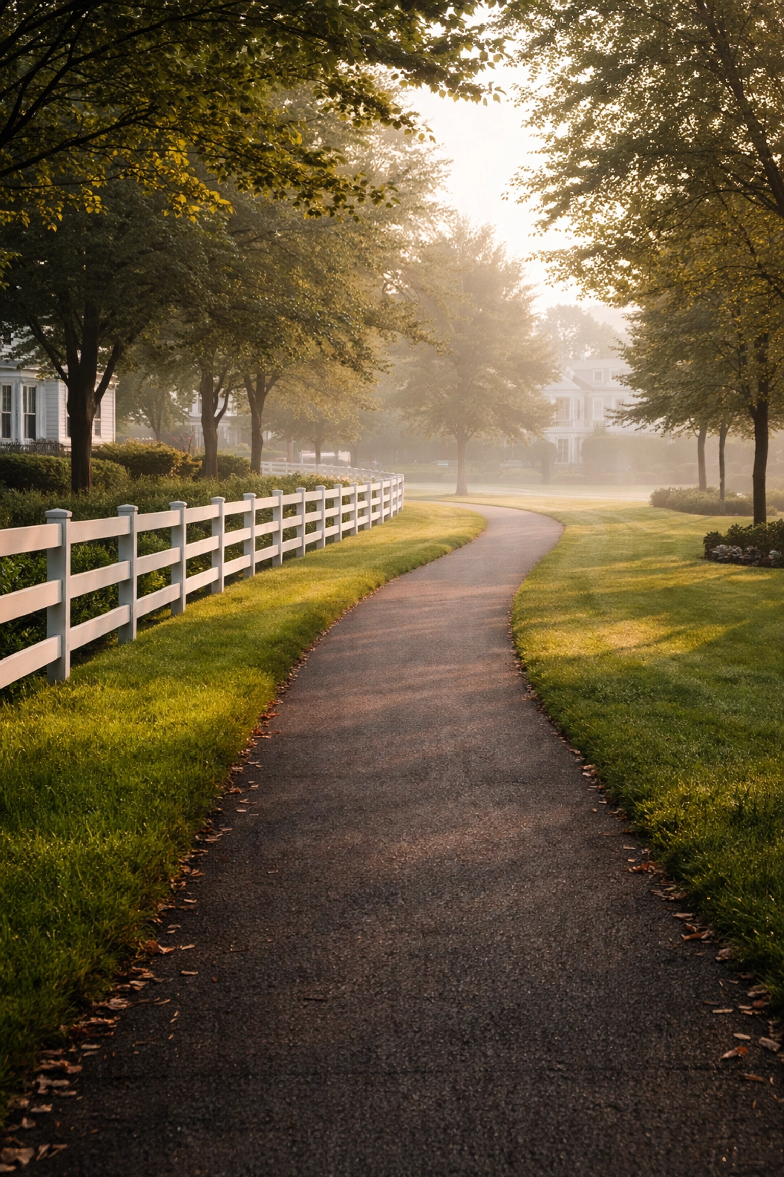 Serene walking path through manicured green space in New Albany, evoking the thoughtful and intentional community design.