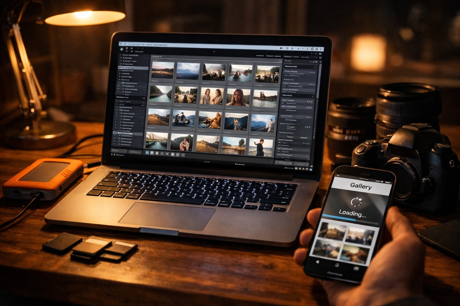 Photographer workspace with high-resolution image files on a laptop requiring professional compression.