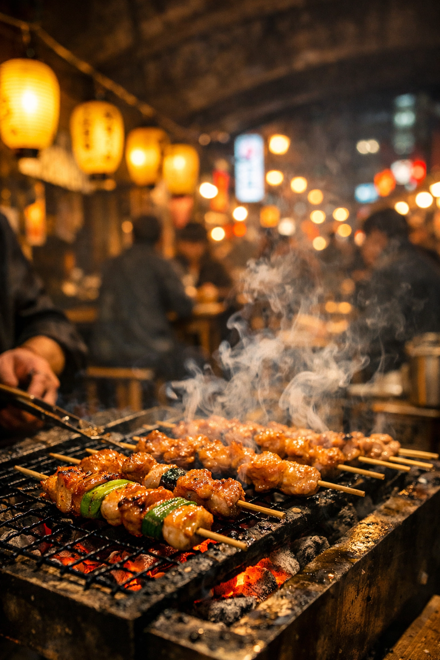 Grilled yakitori skewers in Tokyo's Yakitori Alley, an atmospheric spot for budget travel food.