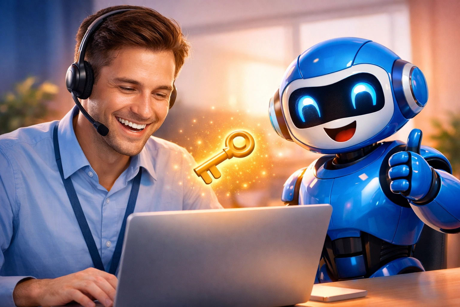 Human support agent and AI helpdesk bot partnering for efficient first-contact resolution and customer success.
