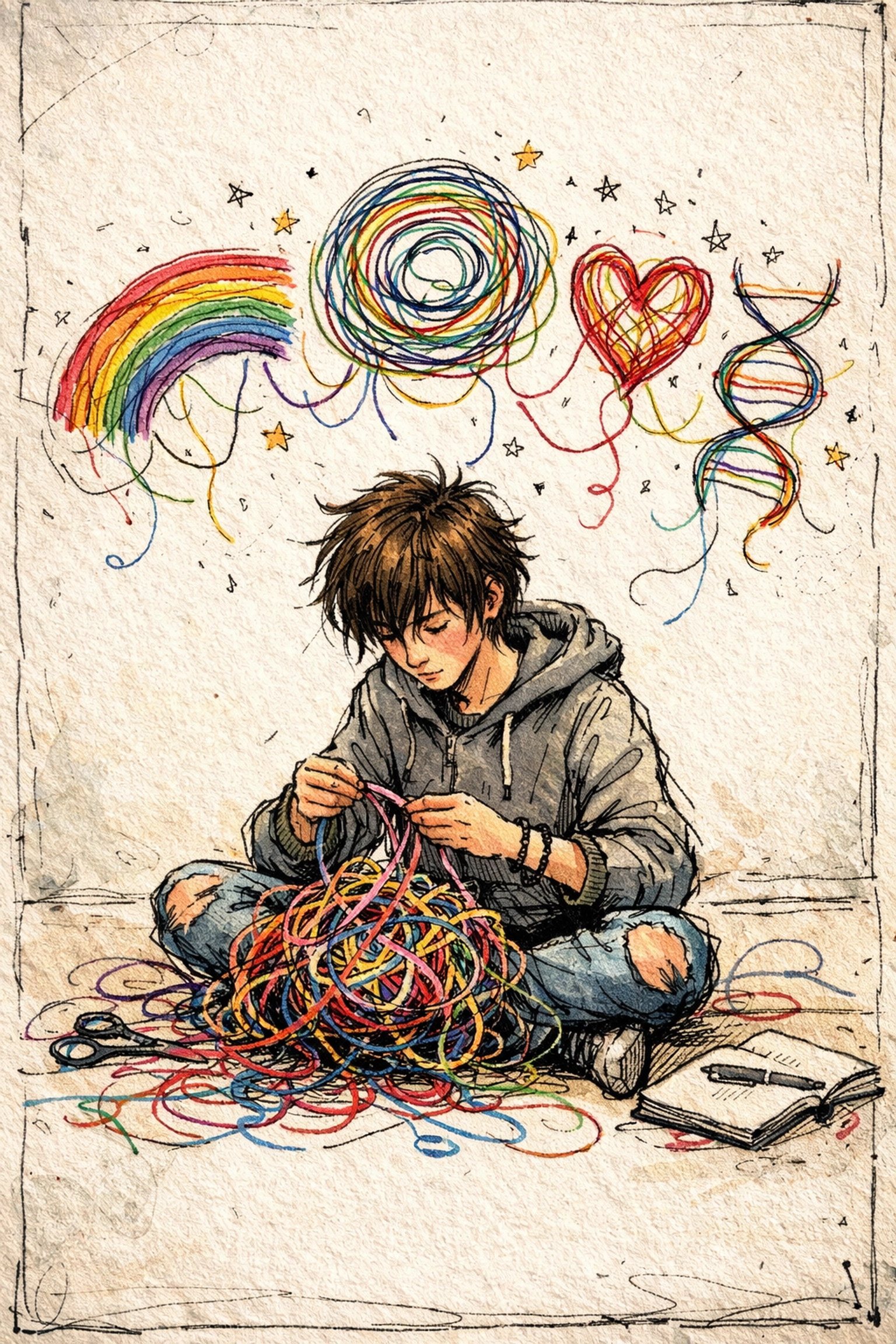 Illustration of a teen untangling messy threads to represent processing emotions and anxiety therapy.