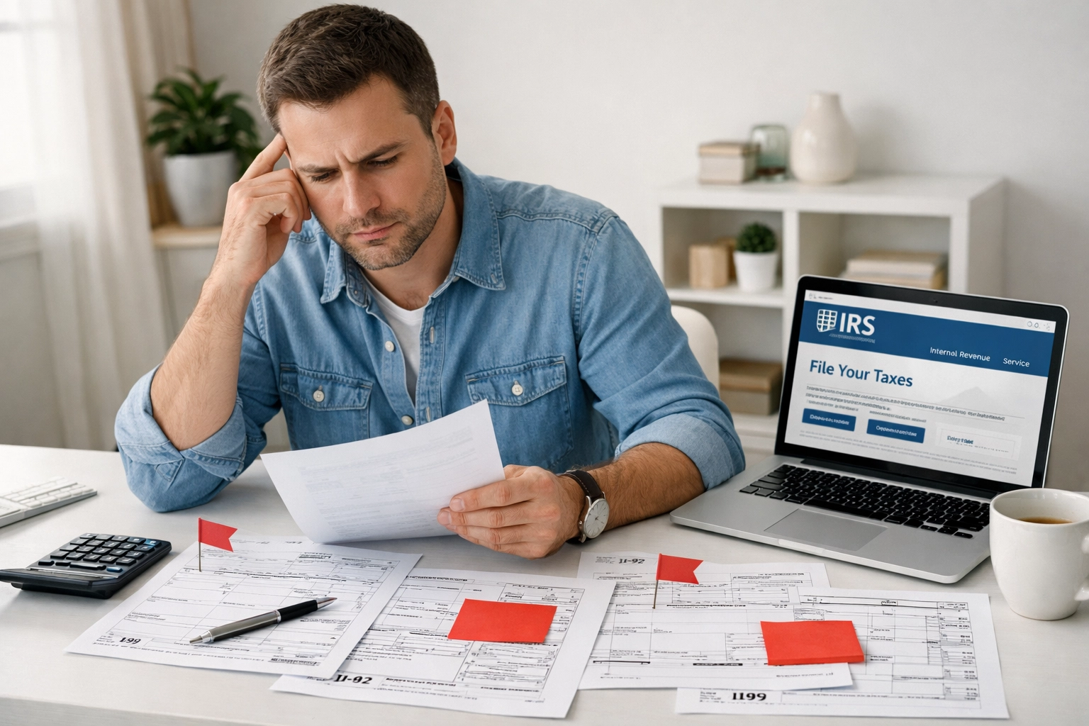 Taxpayer reviewing W-2 and 1099 forms to avoid IRS processing delays