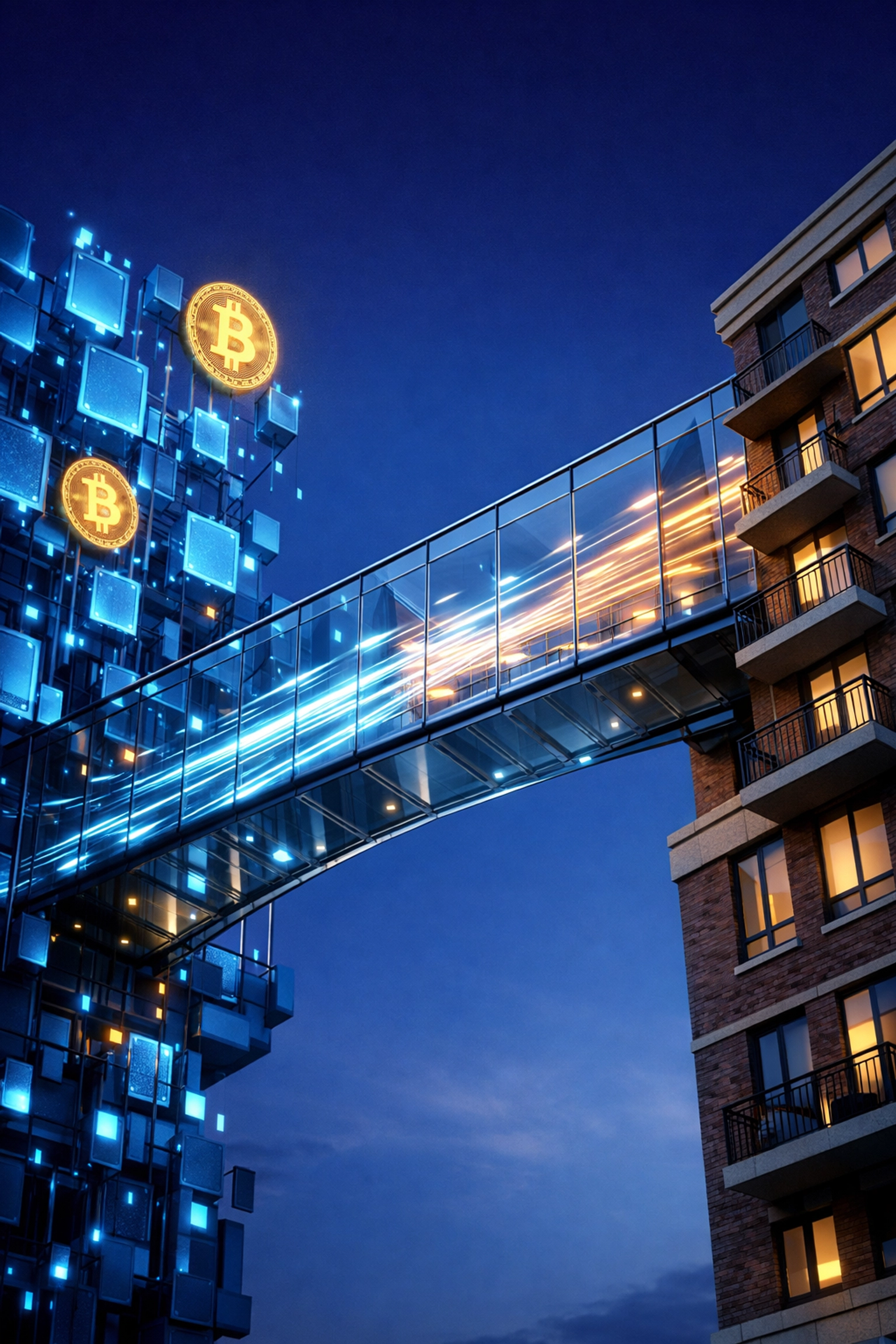 Bridge connecting cryptocurrency blockchain to real estate property for institutional investors