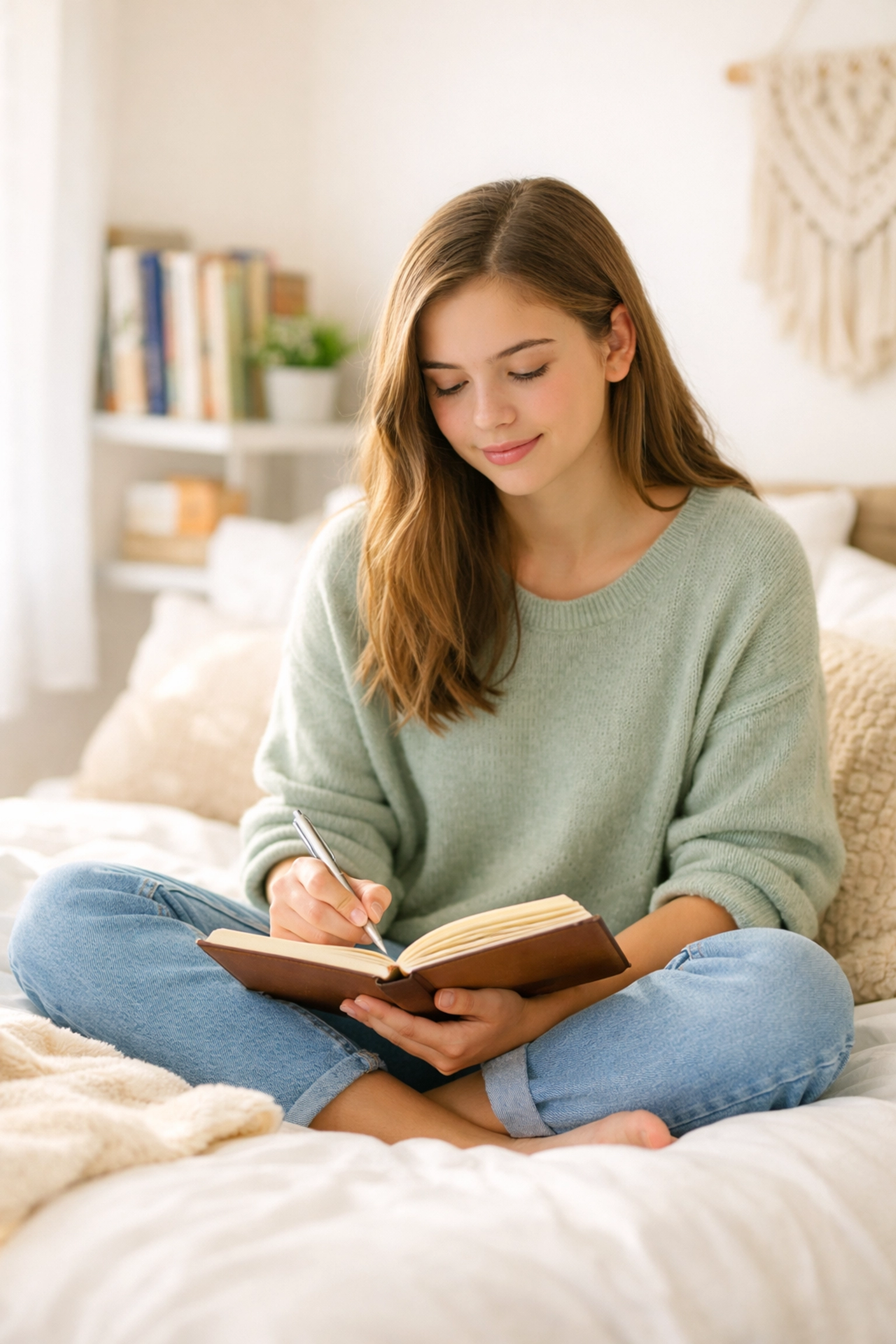 A teen girl journals in a safe bedroom at a behavioral health residential program for healing.
