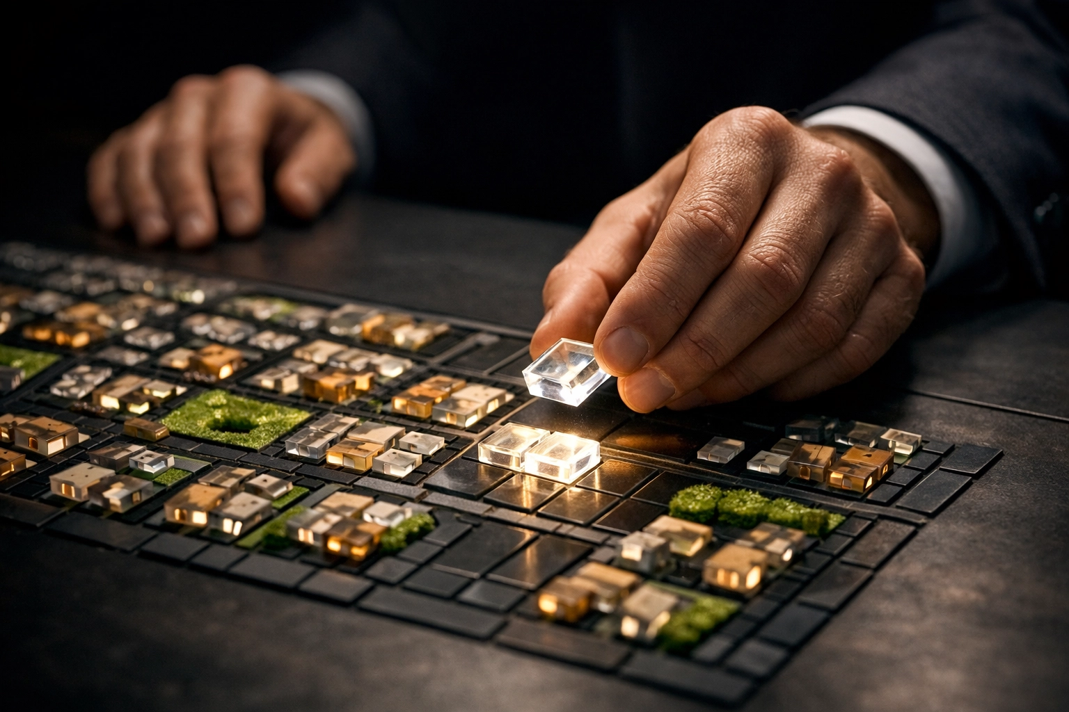 Hands finalizing a residential property portfolio map symbolizing a successful business exit.