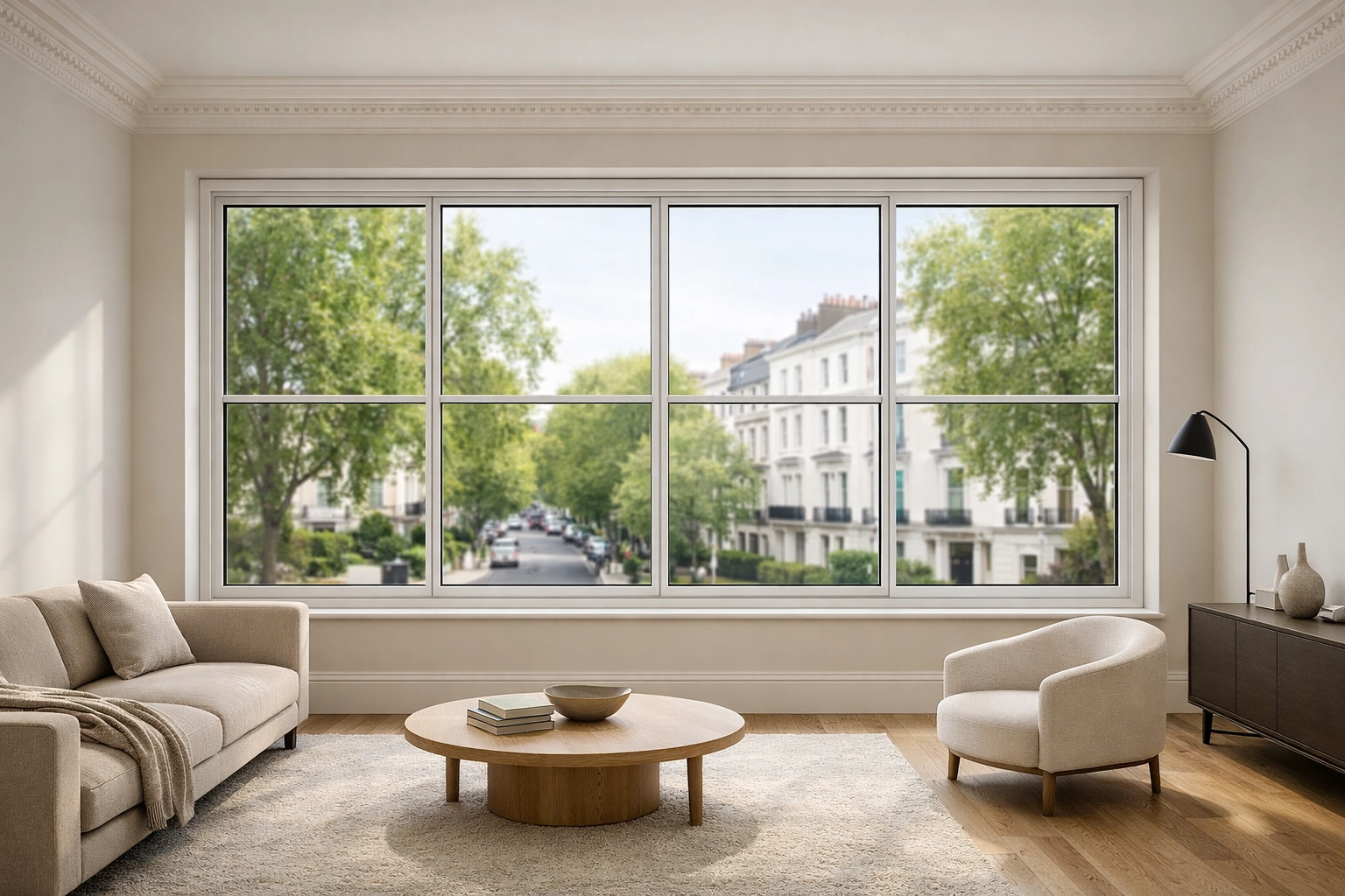 Large four-panel horizontal slider secondary glazing unit providing soundproofing for a wide window.