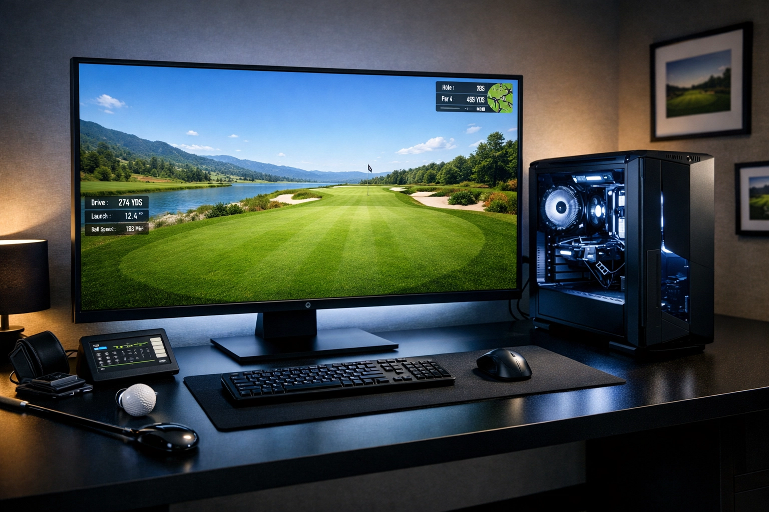 Premium indoor golf simulator PC setup with high-resolution course software on a large monitor.