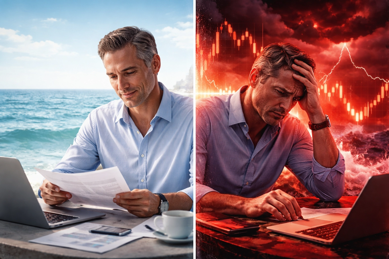 Split image of calm versus stressed investor highlighting risk assessment in investment decisions