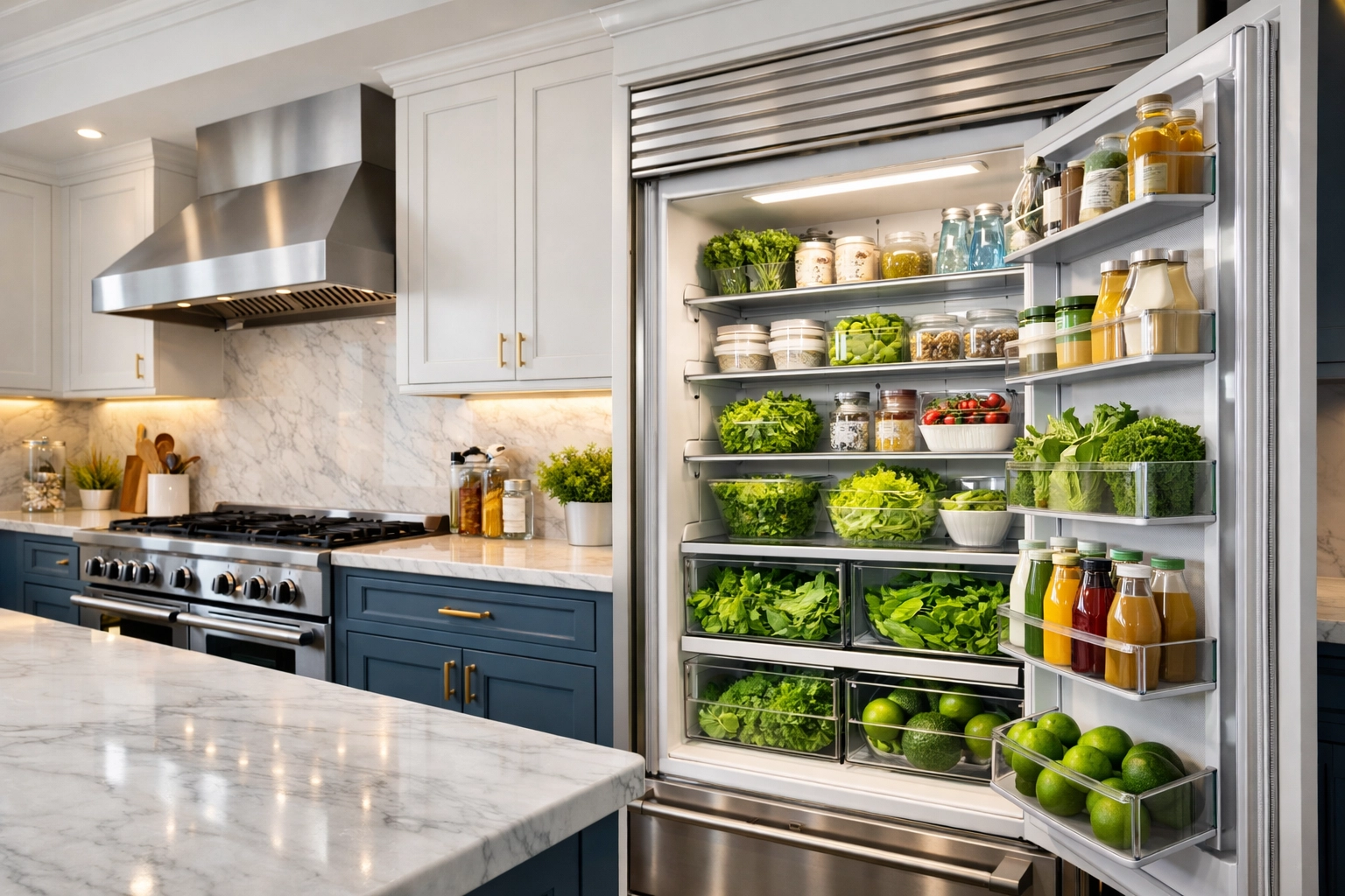 Spotless luxury kitchen and organized refrigerator after a professional deep cleaning service.