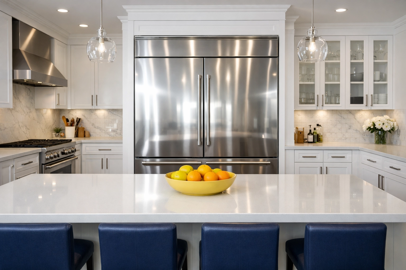 Spotless modern kitchen with a polished stainless steel fridge showing The Cleaning Ninjas standard.