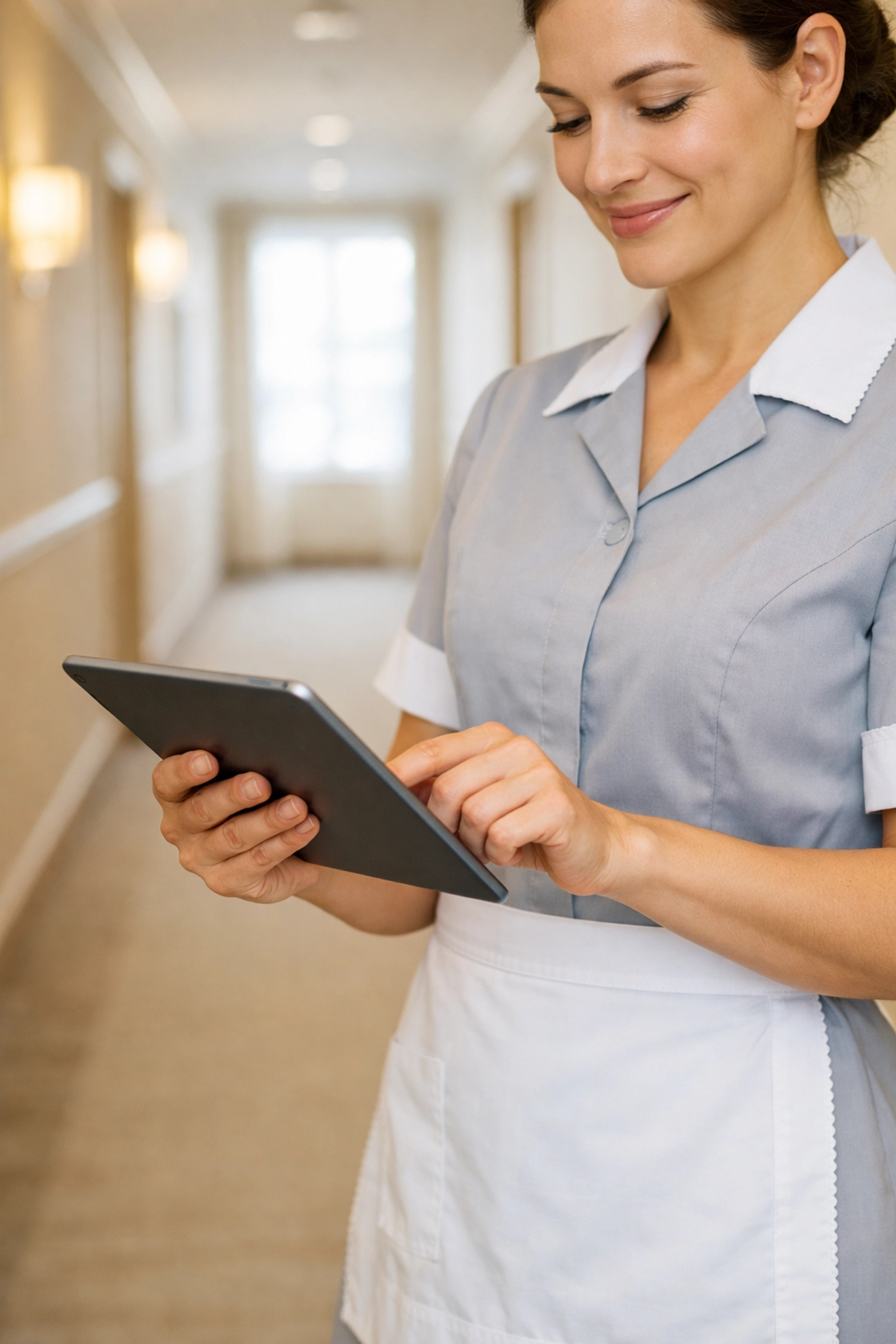 Hotel housekeeper using mobile device to view automated cleaning schedules