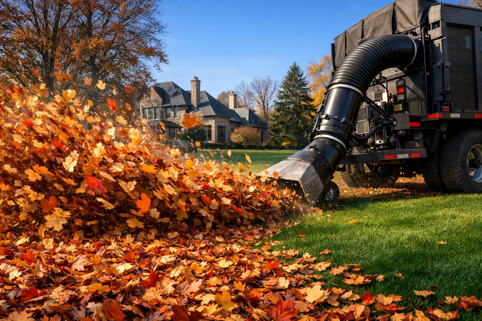 Professional leaf removal services in Clarkston, Michigan using industrial equipment.