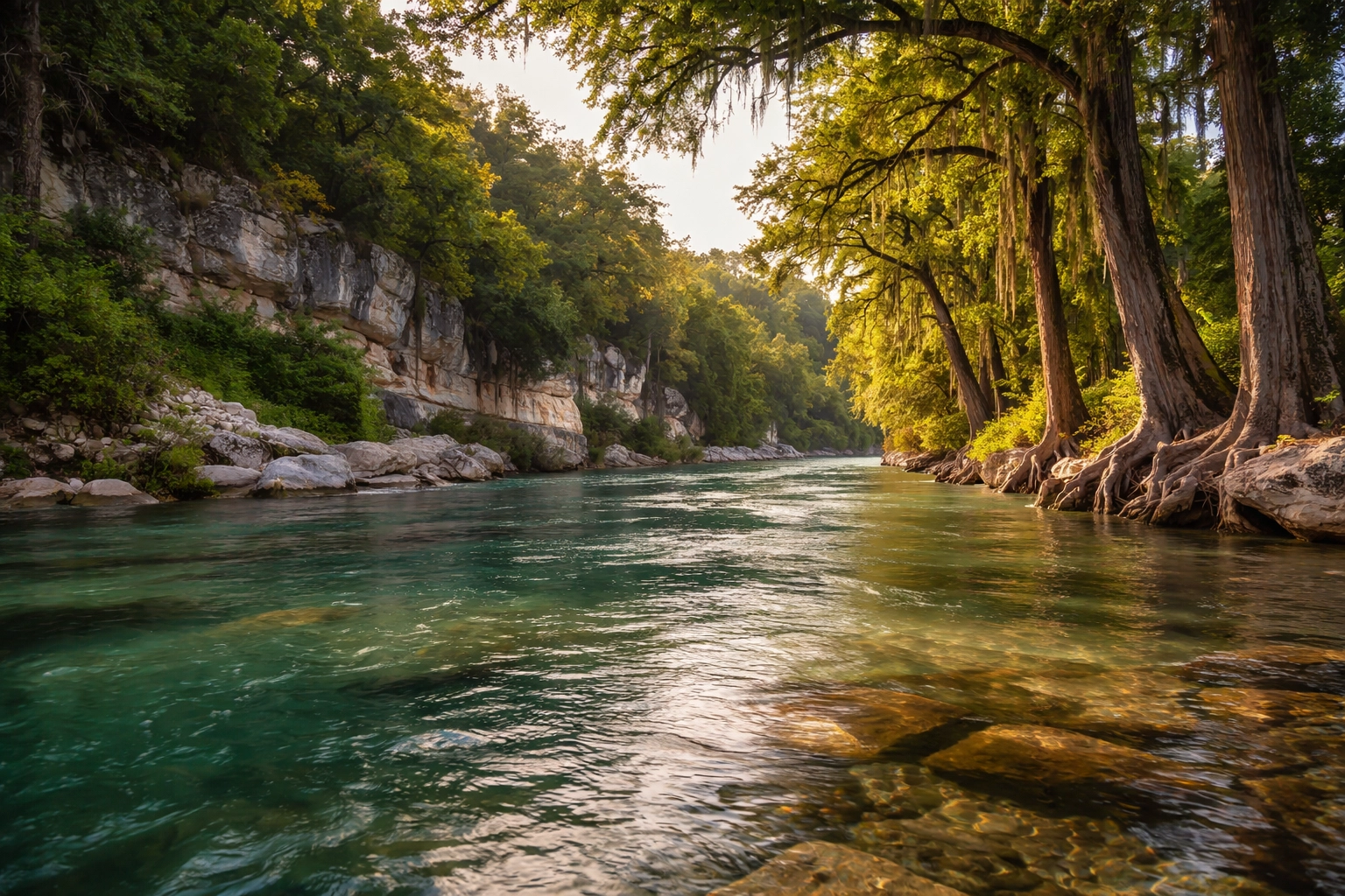 Scenic Guadalupe River flowing through Texas Hill Country with cypress trees and limestone bluffs