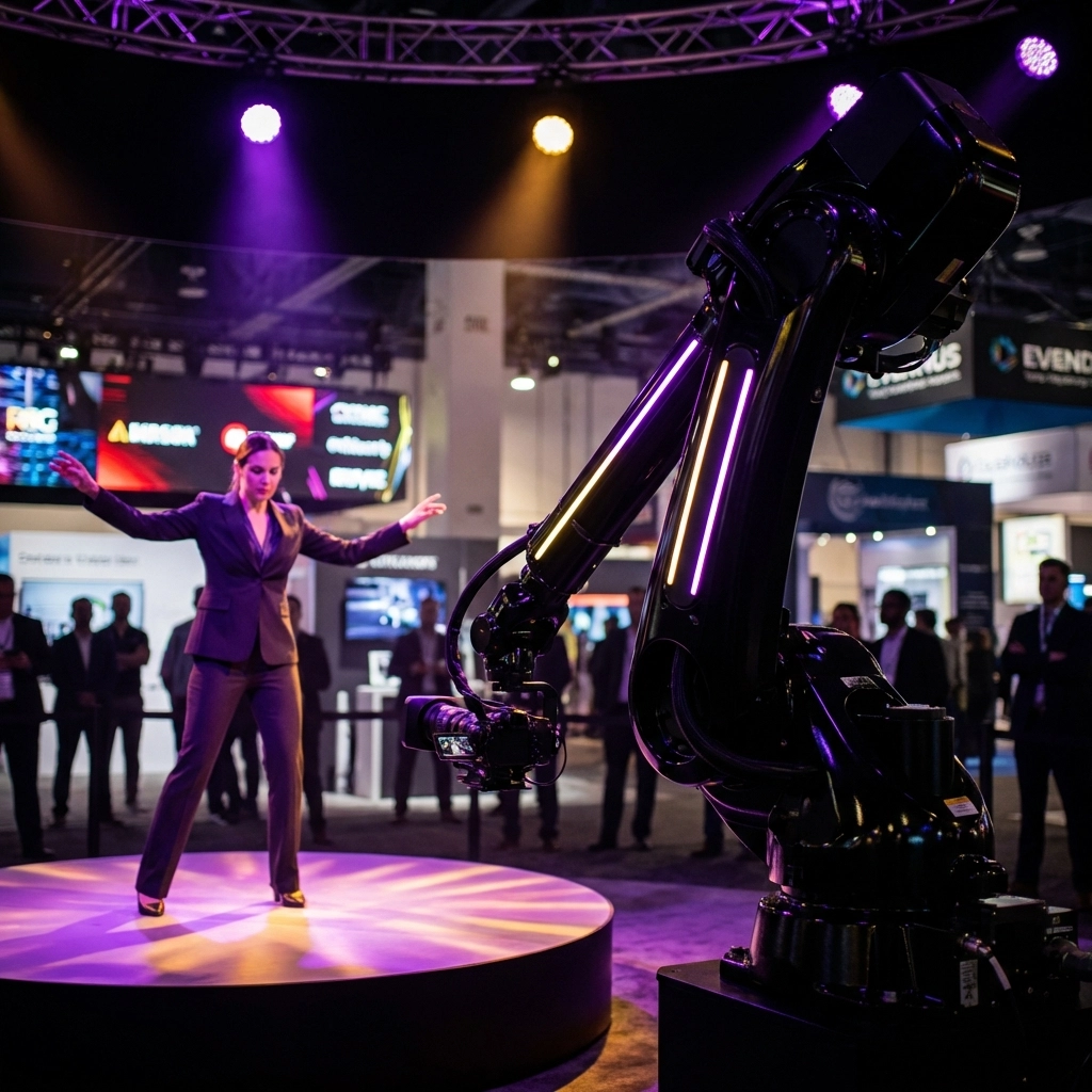 Robotic camera arm captures business attendee on rotating platform at vibrant Las Vegas trade show, showcasing cinematic brand activation.