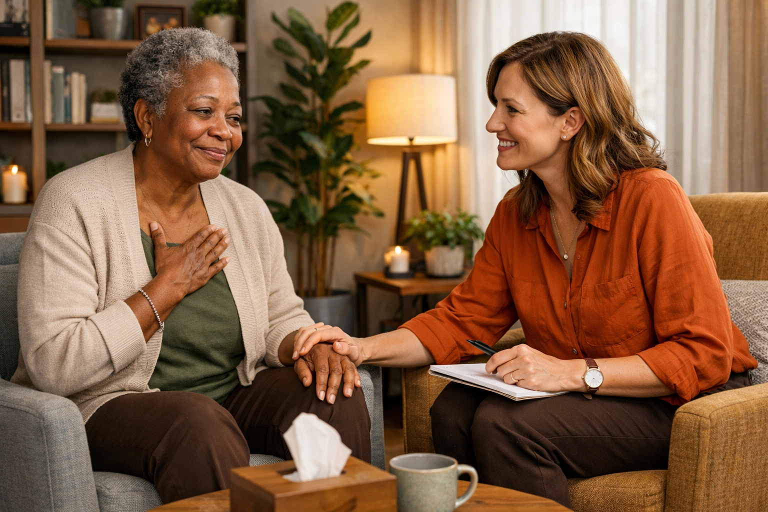 Modern counseling services for seniors featuring an older adult and therapist in a safe, supportive counseling space.