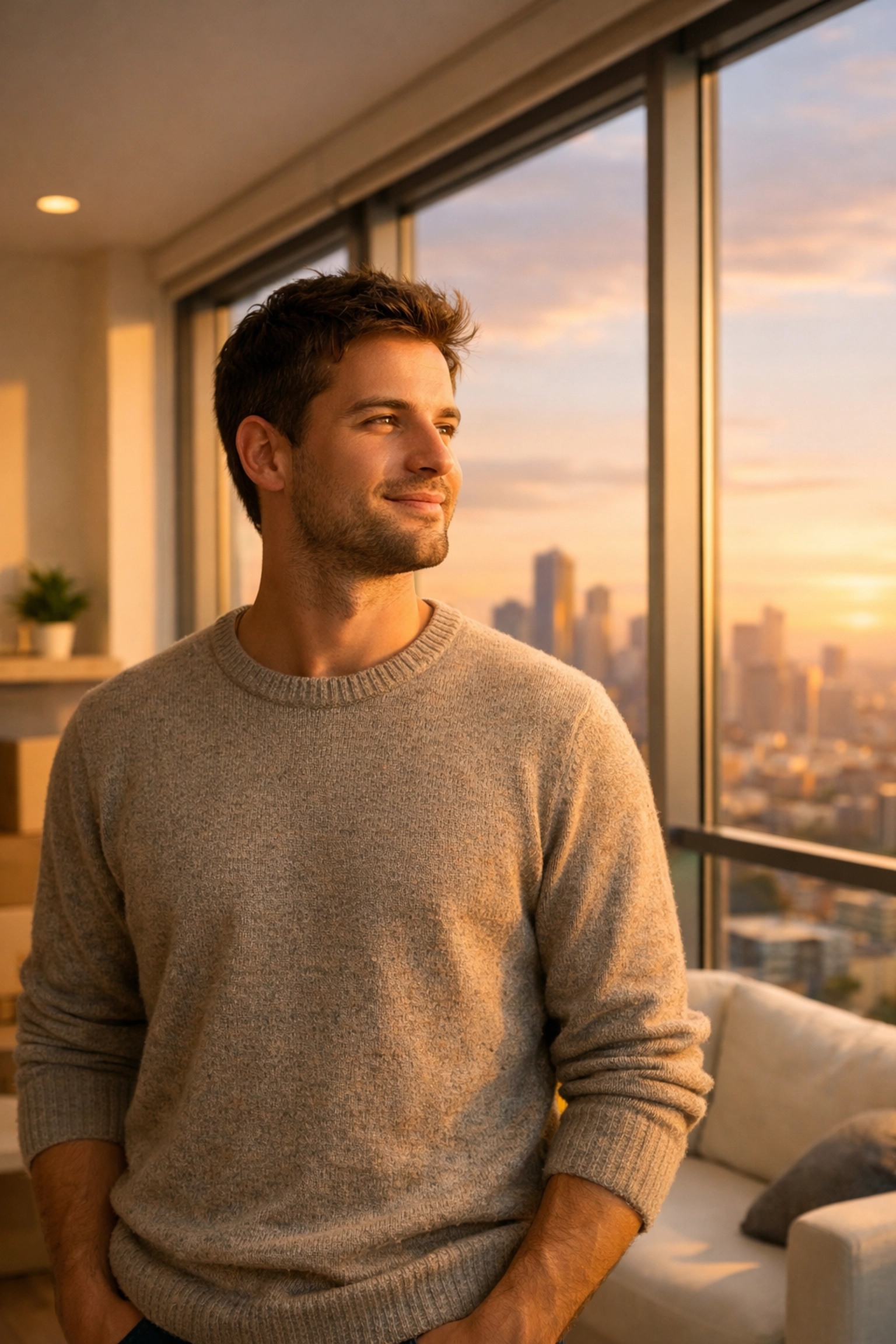 Young man overlooking a city skyline after securing affordable life insurance rates in his 20s.