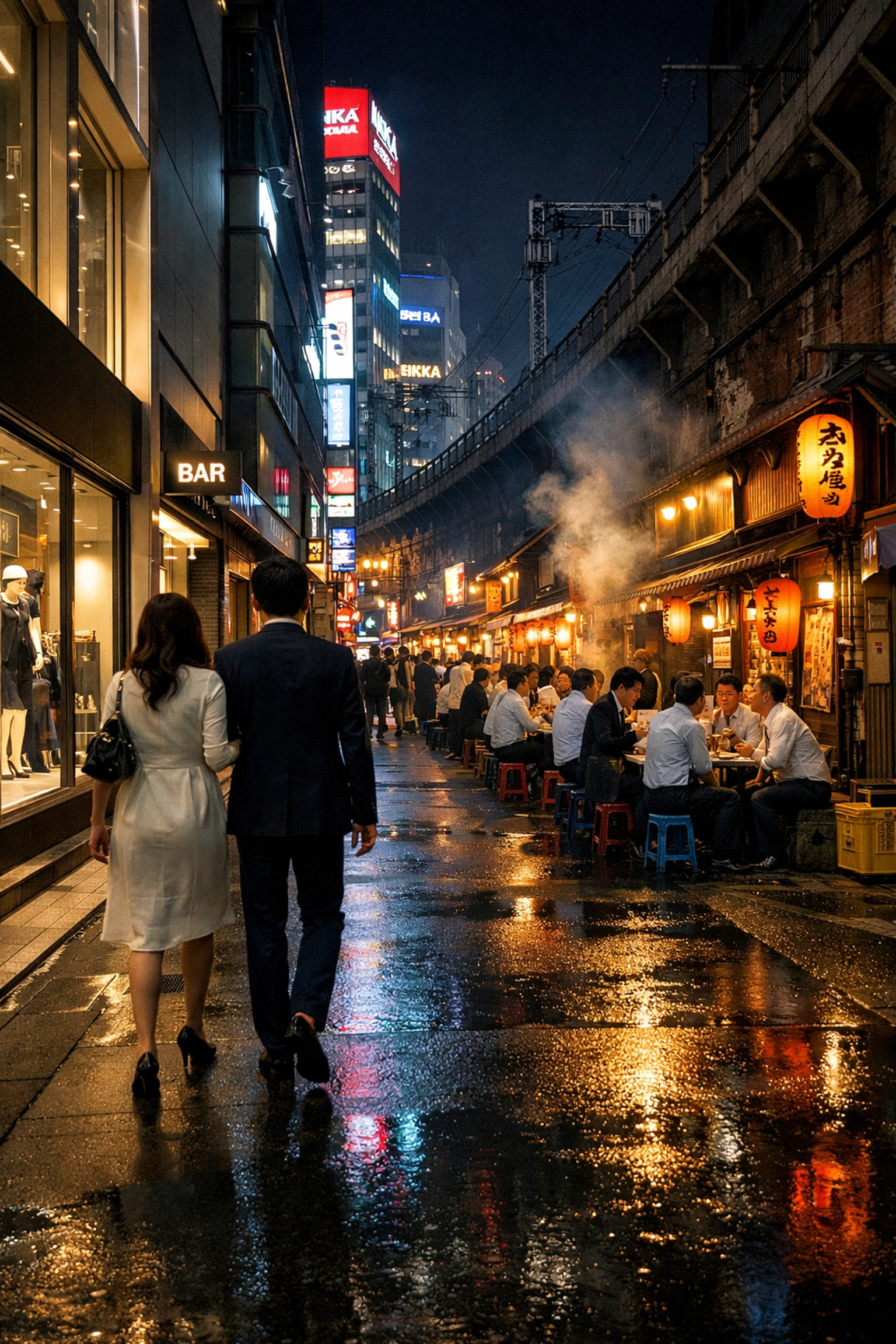 Ginza night street leading to Yurakucho under-the-tracks izakaya bars and yakitori smoke