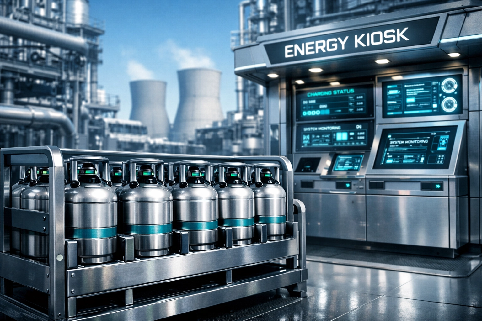 Modern industrial energy kiosk with LPG cylinders, demonstrating the resilient energy mix and economy of India.