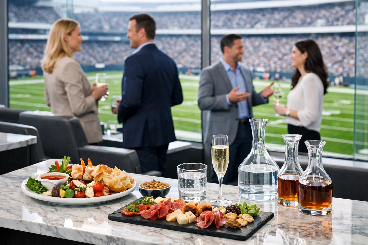 Corporate executives networking in a luxury hospitality suite overlooking the Super Bowl stadium field.
