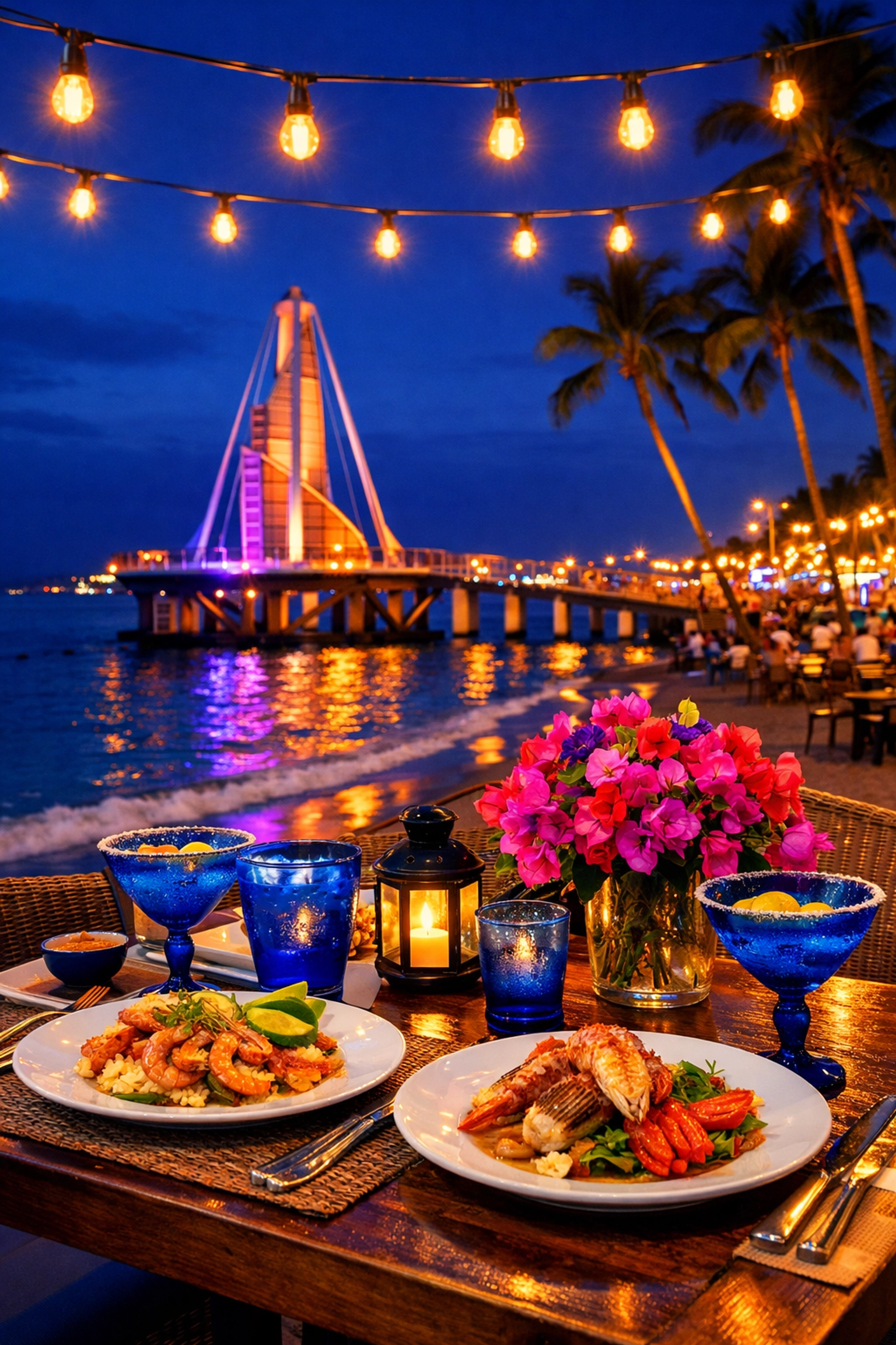 Romantic beachside dinner in Zona Romántica with a view of the illuminated Los Muertos Pier in Puerto Vallarta.