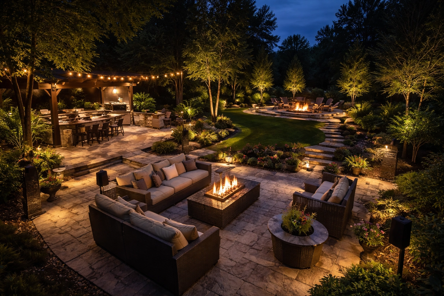 Beautifully lit Central Kentucky backyard with outdoor speakers and patio zones, perfect for optimal outdoor audio setup.